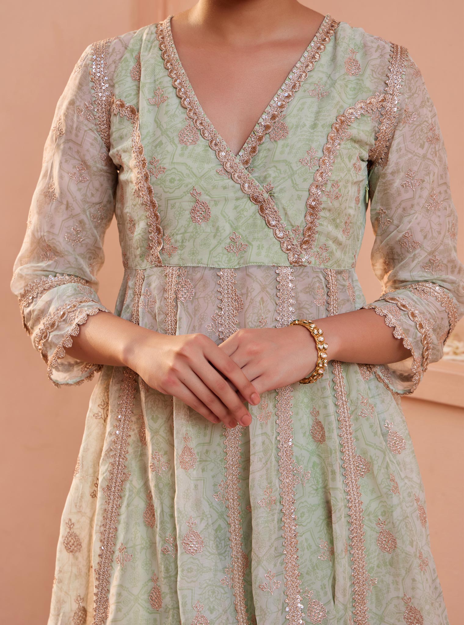 Mulmul Organza Vamsi Anarkali Green Kurta With Mulmul Pima Vamsi Green Pant