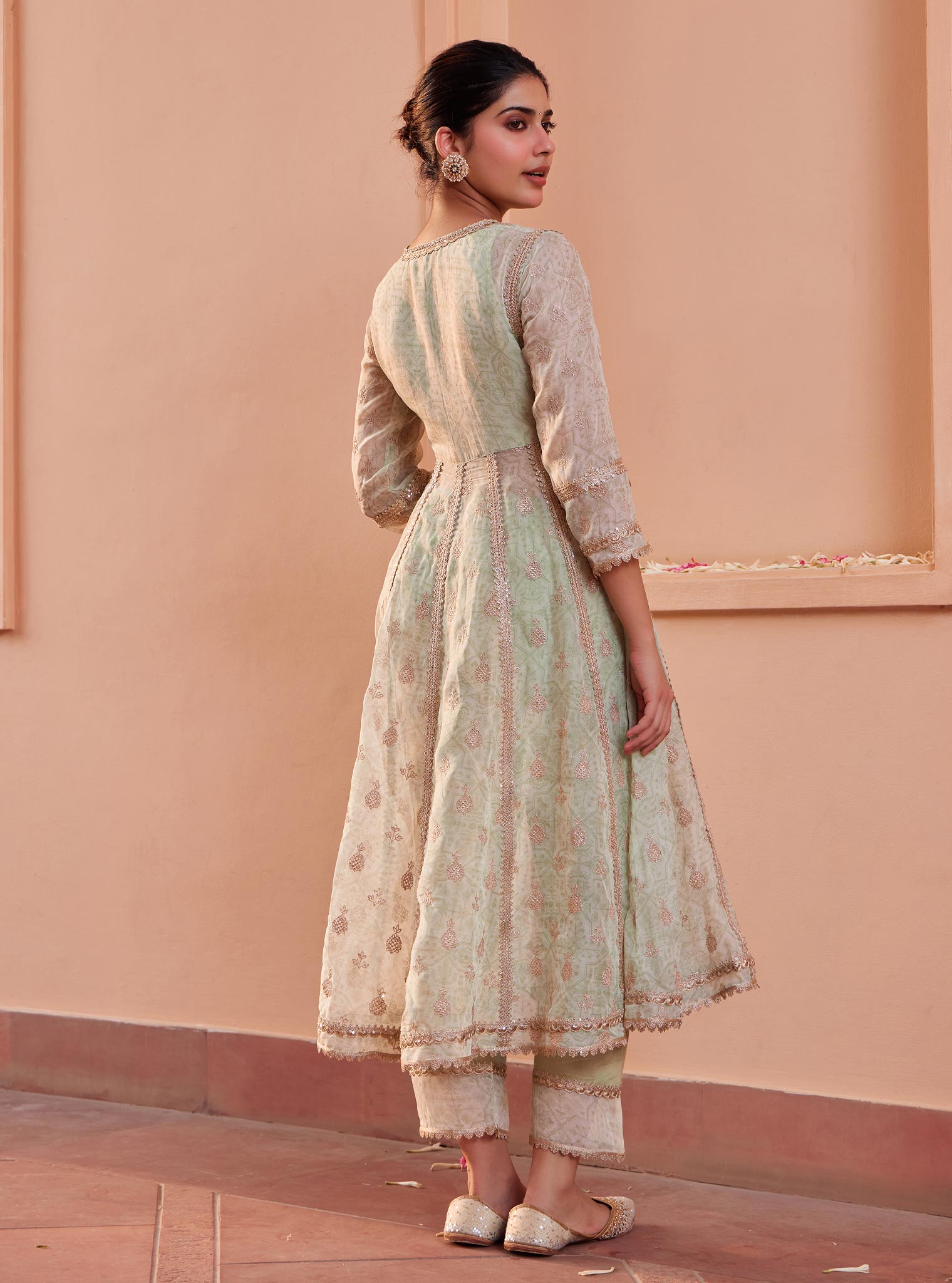 Mulmul Organza Vamsi Anarkali Green Kurta With Mulmul Pima Vamsi Green Pant