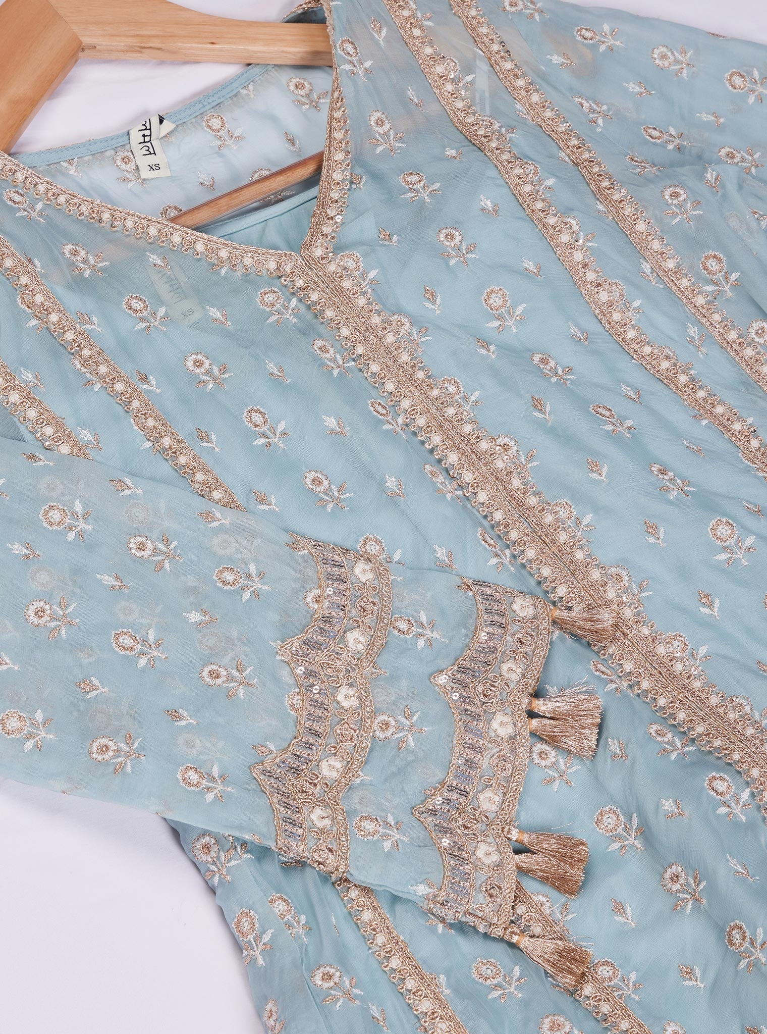 Mulmul Organza Smera Anarkali Blue Kurta With Mulmul Pima Smera Blue Pant