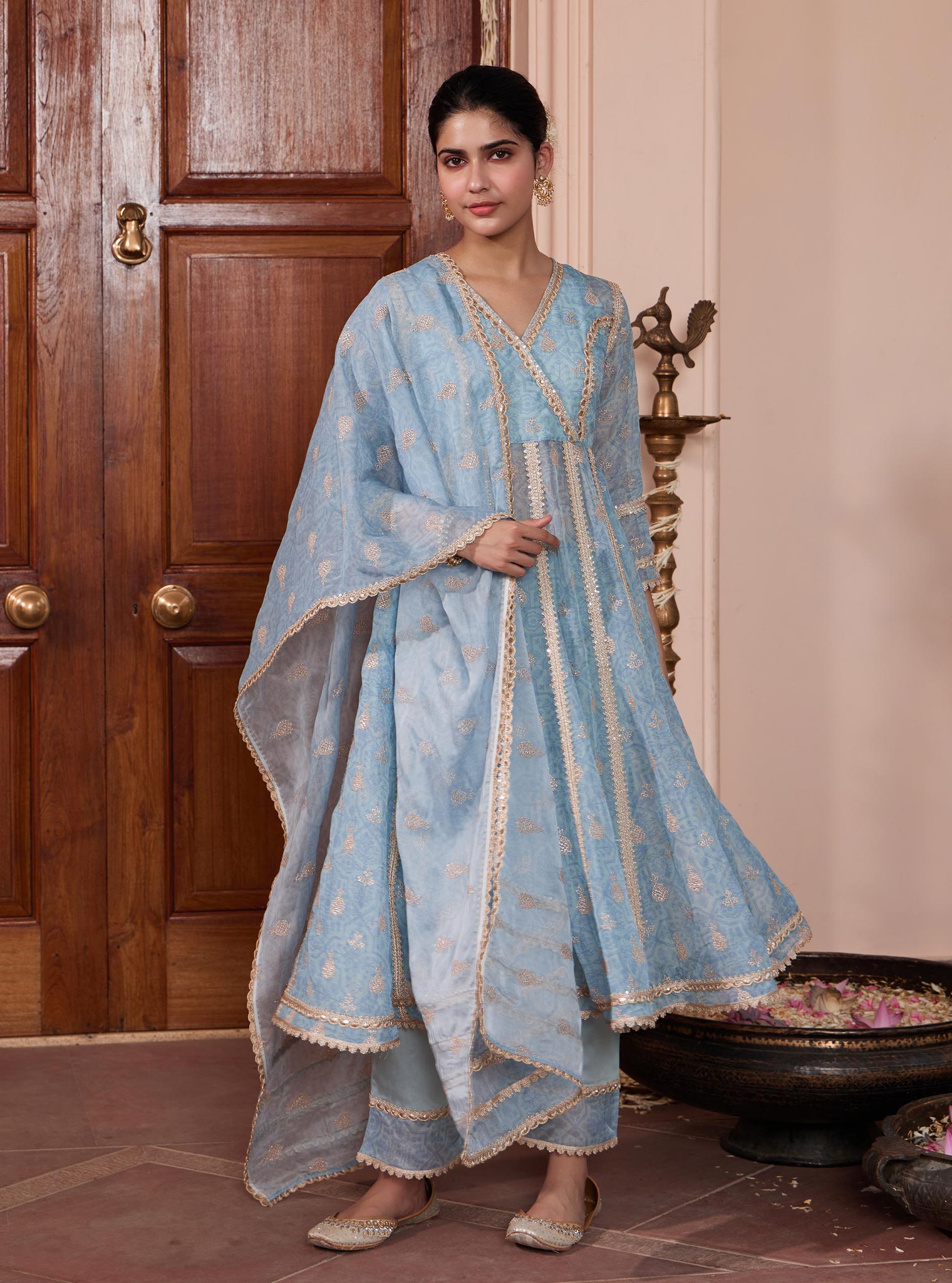 Mulmul Organza Vamsi Anarkali Blue Kurta With Mulmul Pima Vamsi Blue Pant