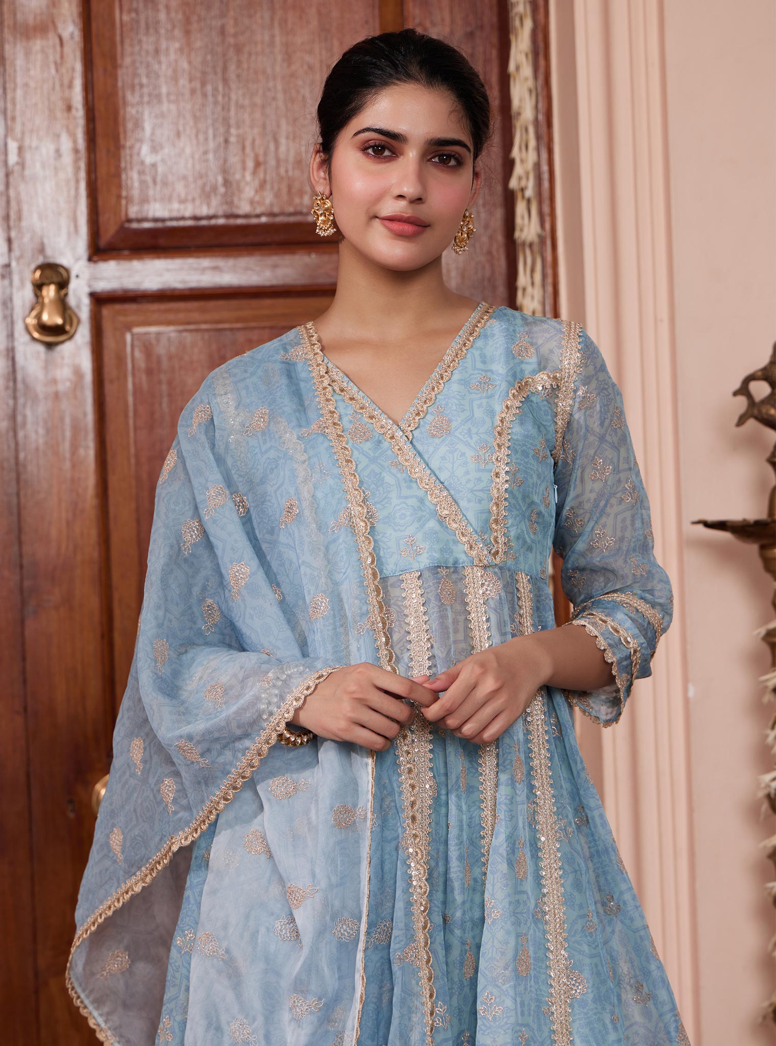 Mulmul Organza Vamsi Anarkali Blue Kurta With Mulmul Pima Vamsi Blue Pant