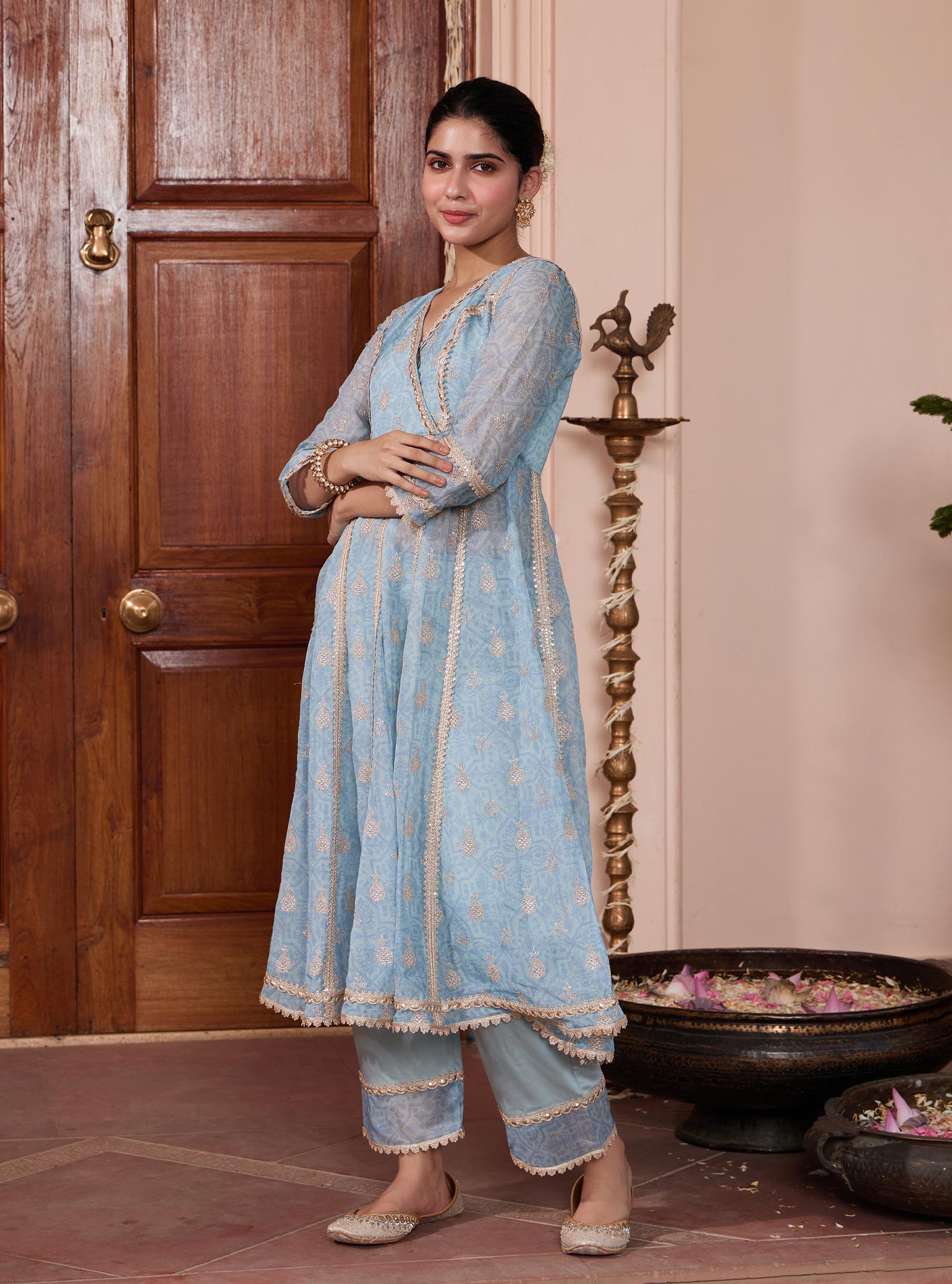 Mulmul Organza Vamsi Anarkali Blue Kurta With Mulmul Pima Vamsi Blue Pant