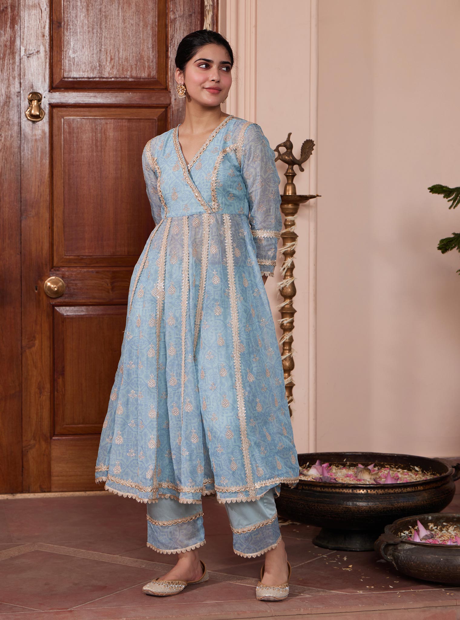 Mulmul Organza Vamsi Anarkali Blue Kurta With Mulmul Pima Vamsi Blue Pant