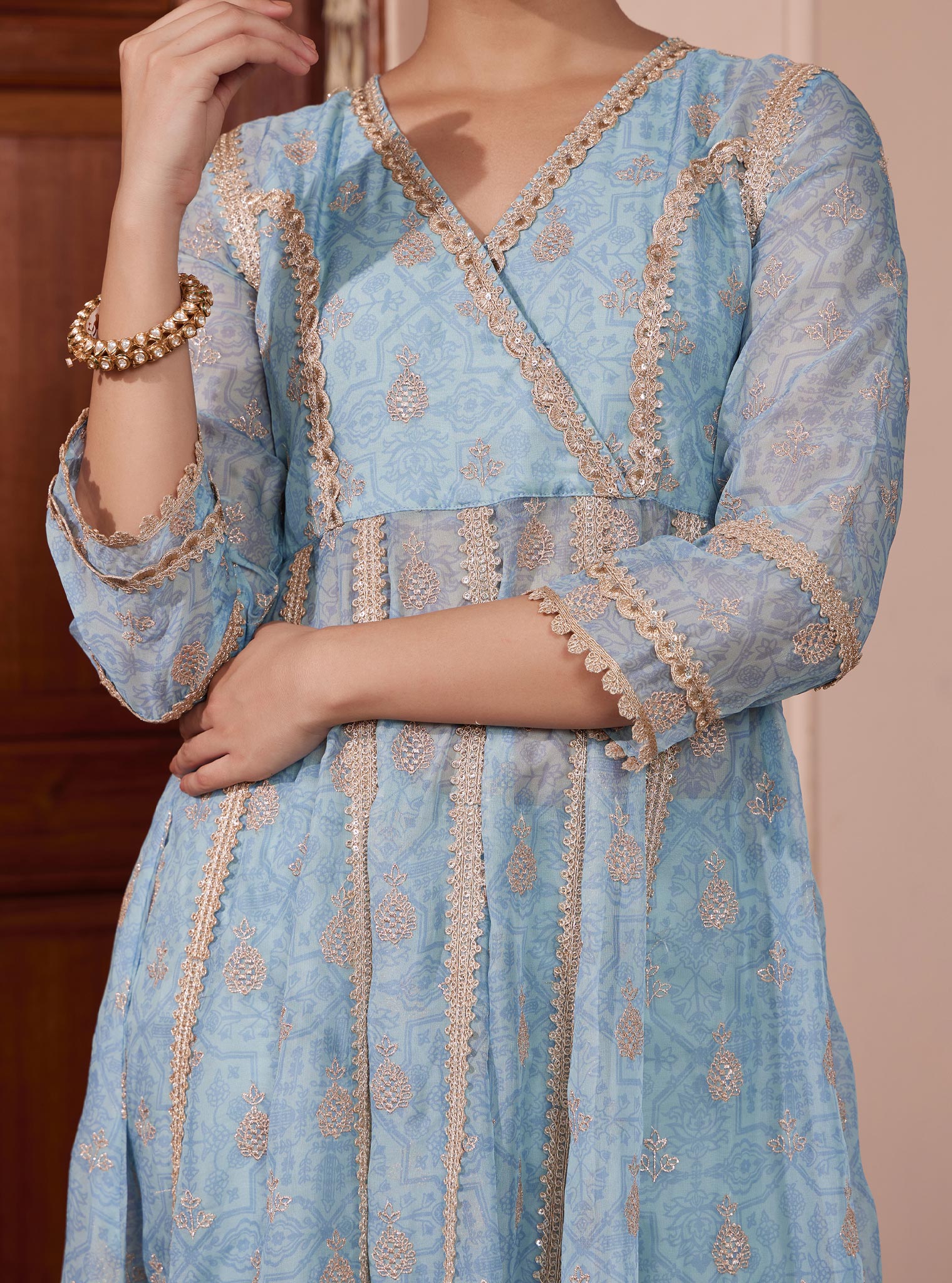 Mulmul Organza Vamsi Anarkali Blue Kurta With Mulmul Pima Vamsi Blue Pant