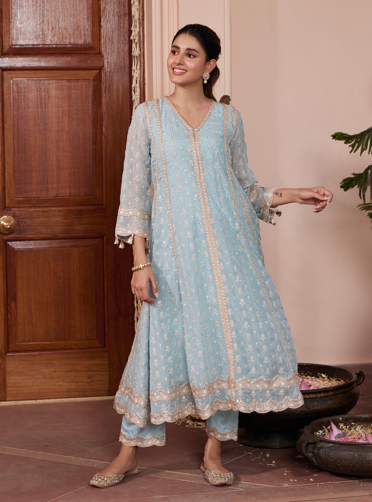 Mulmul Organza Smera Anarkali Blue Kurta With Mulmul Pima Smera Blue Pant