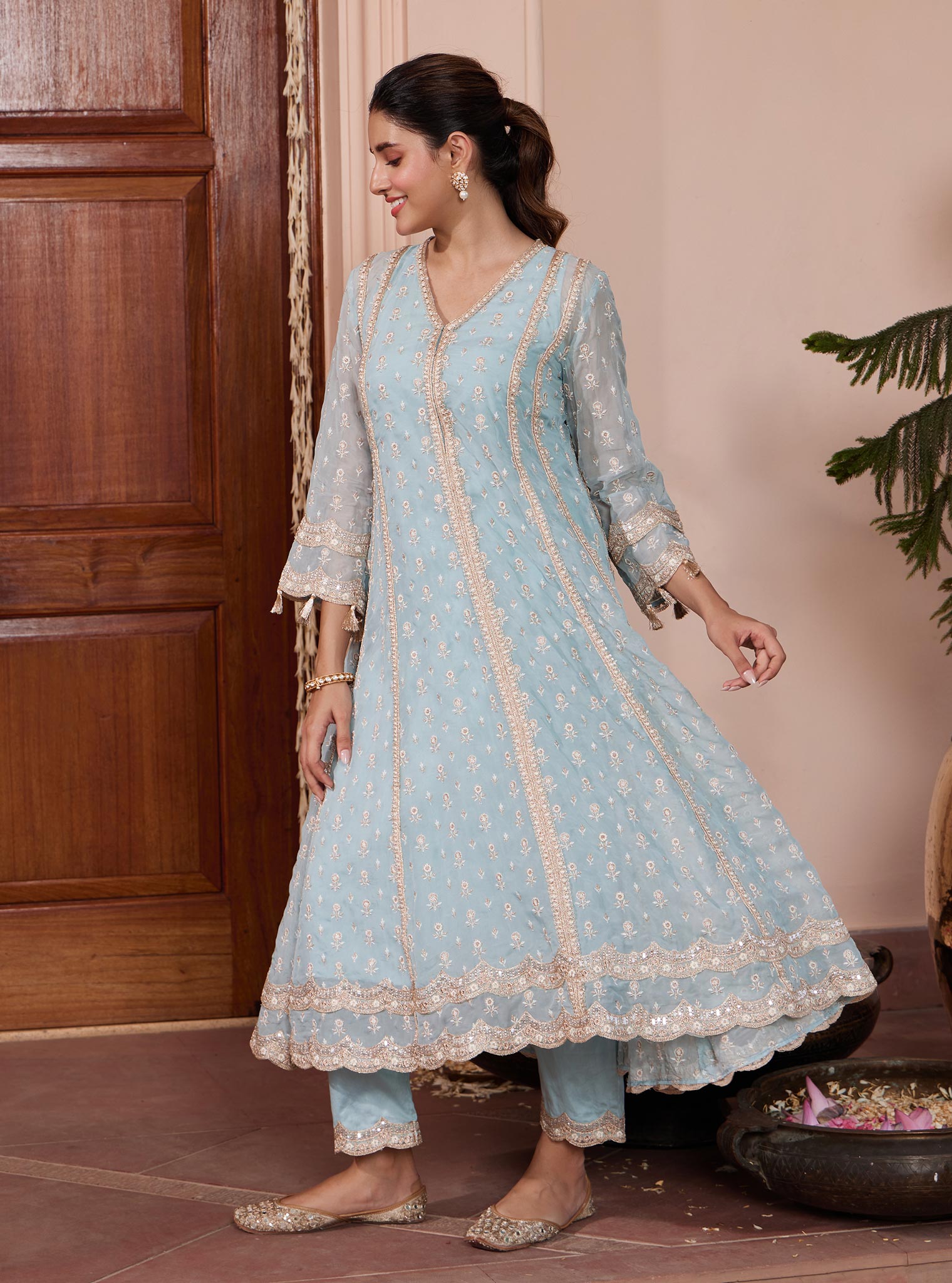 Mulmul Organza Smera Anarkali Blue Kurta With Mulmul Pima Smera Blue Pant