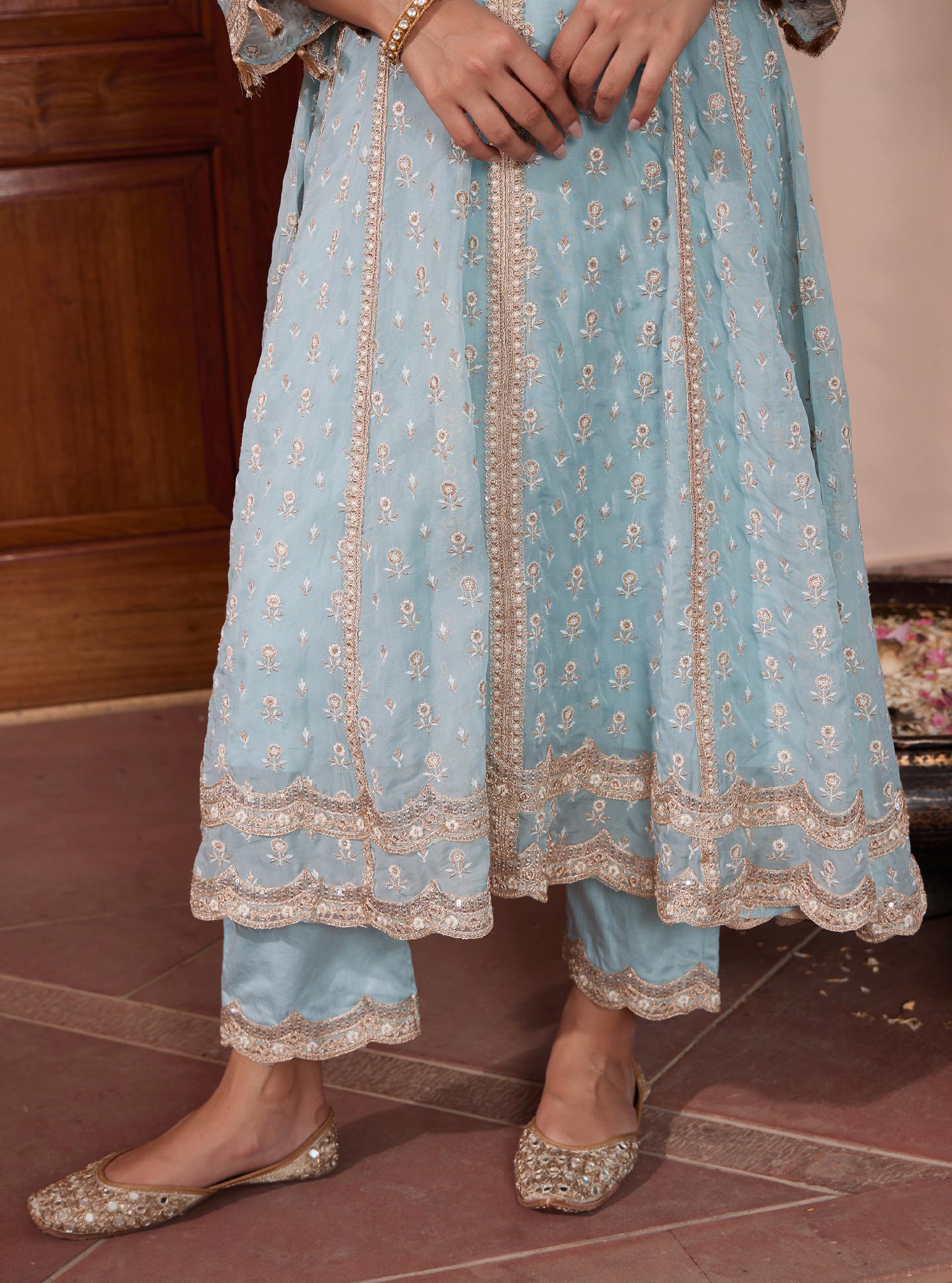 Mulmul Organza Smera Anarkali Blue Kurta With Mulmul Pima Smera Blue Pant