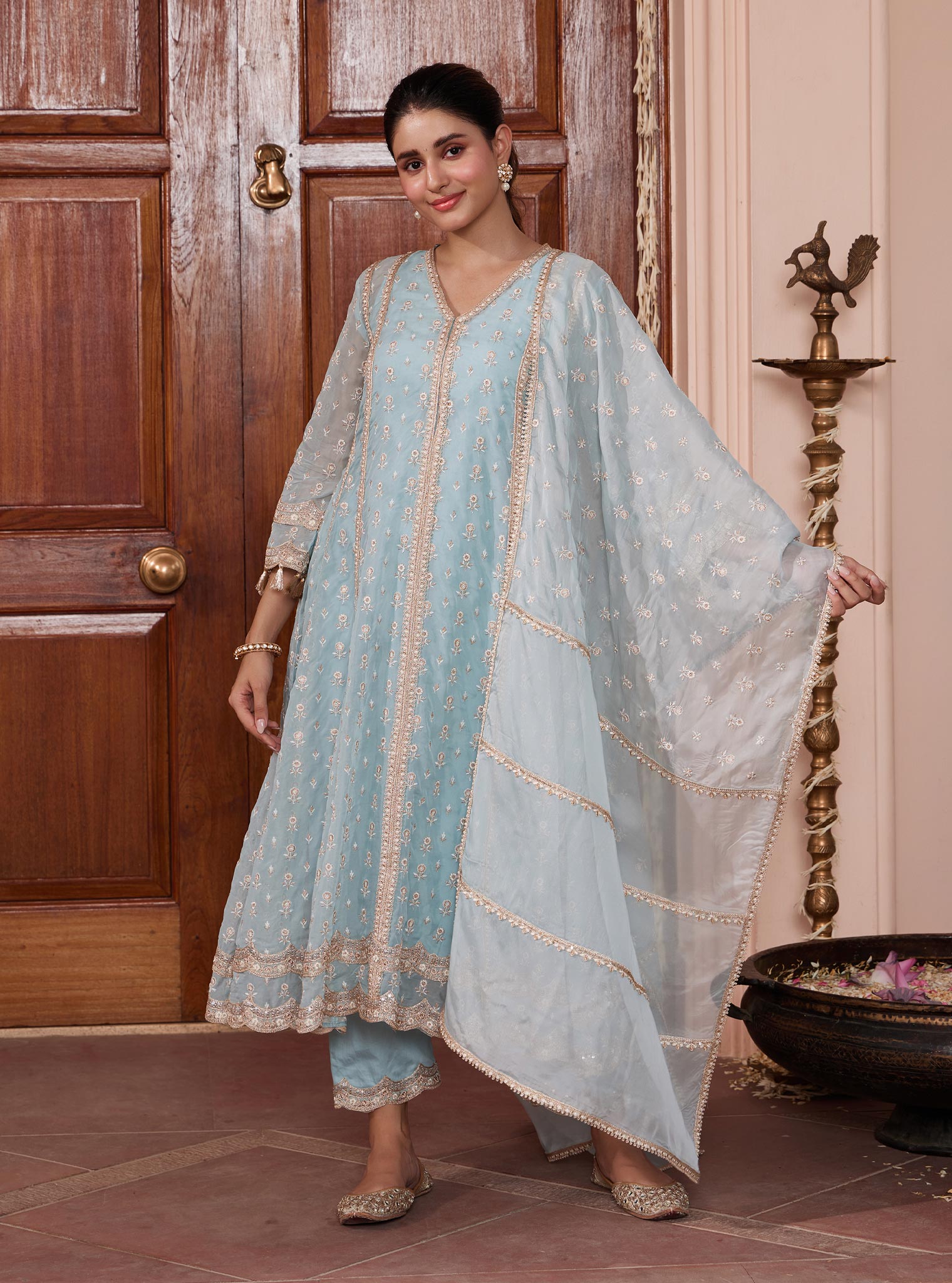 Mulmul Organza Smera Anarkali Blue Kurta With Mulmul Pima Smera Blue Pant
