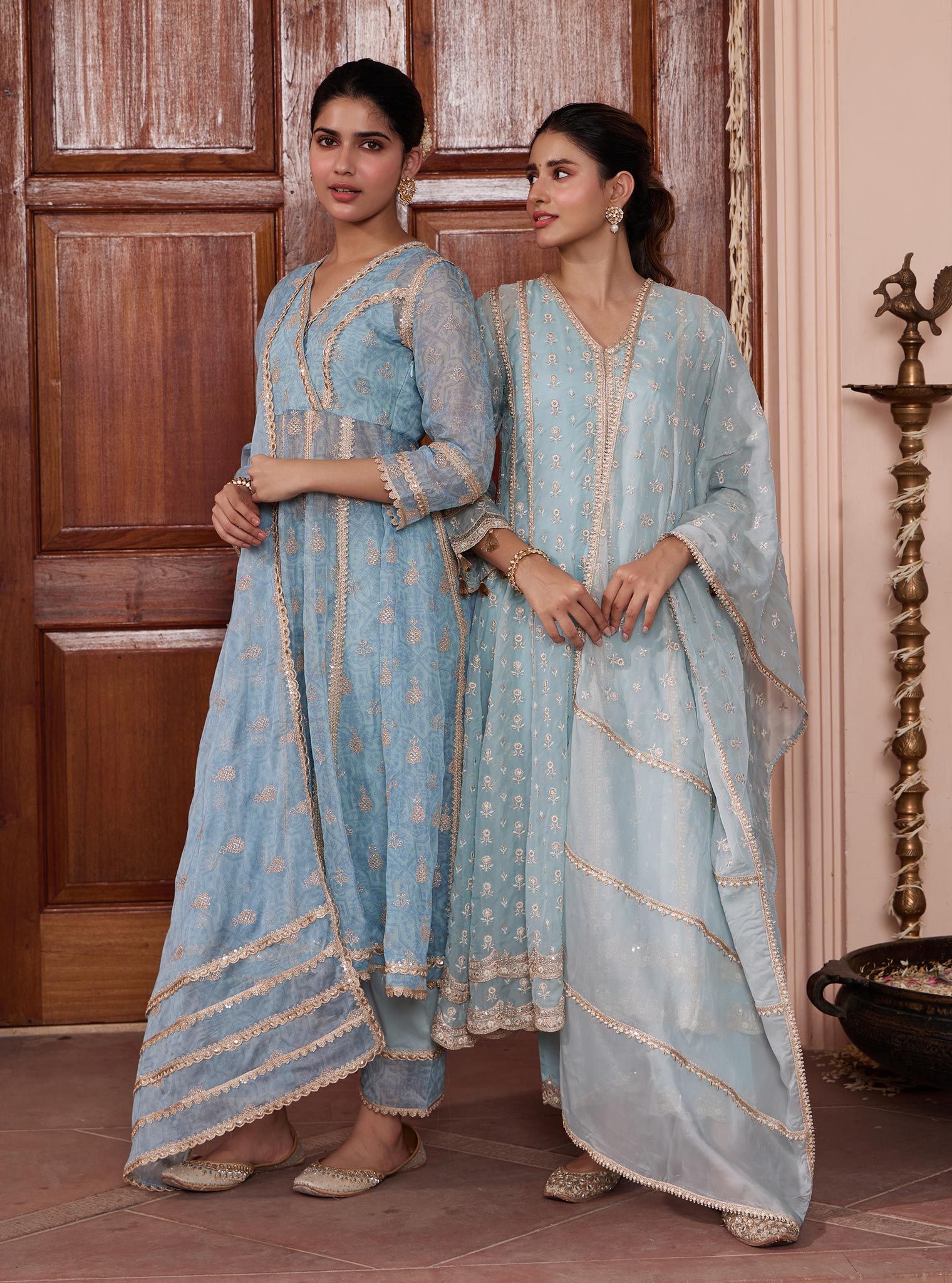 Mulmul Organza Smera Anarkali Blue Kurta With Mulmul Pima Smera Blue Pant