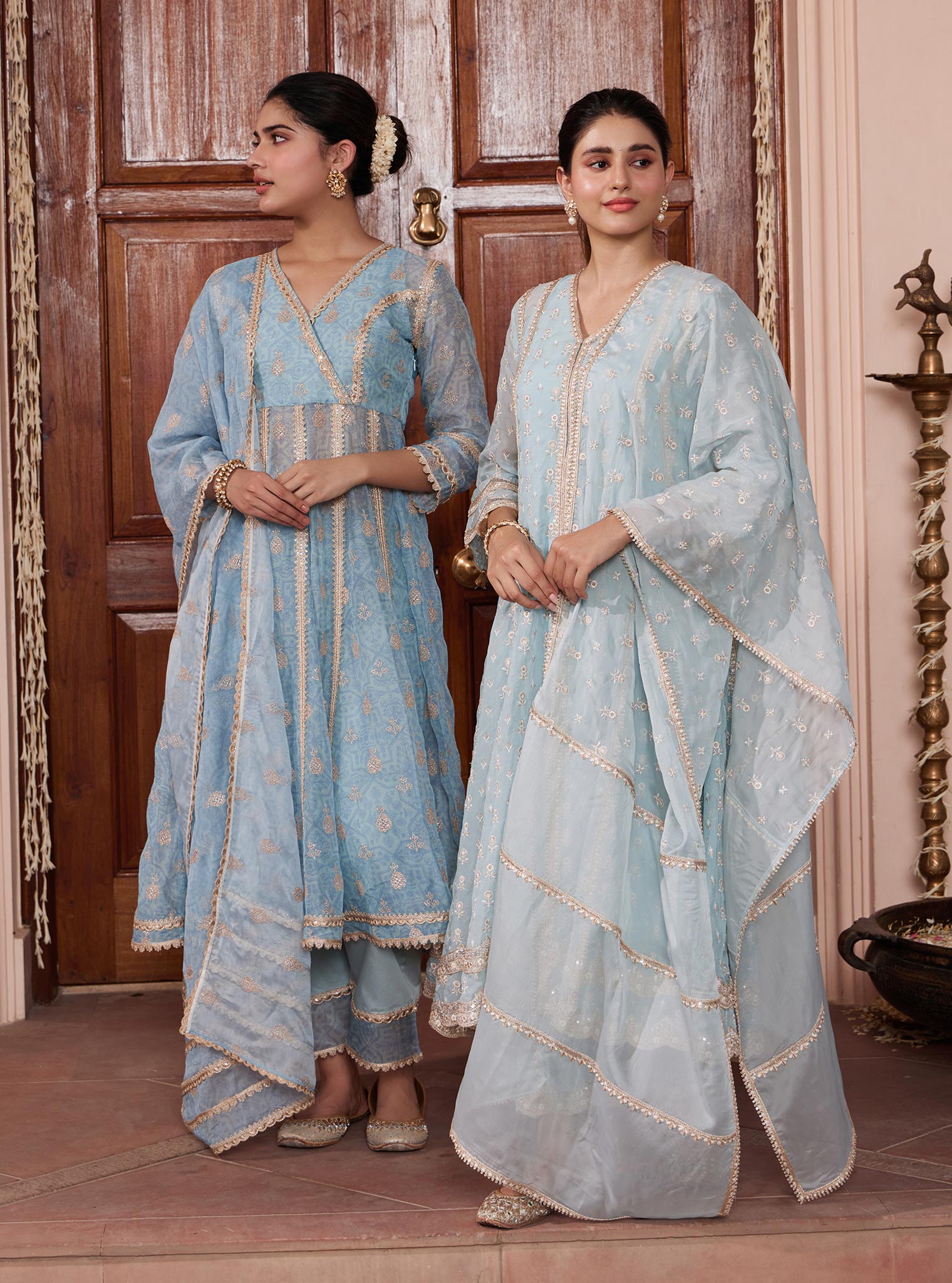Mulmul Organza Smera Anarkali Blue Kurta With Mulmul Pima Smera Blue Pant
