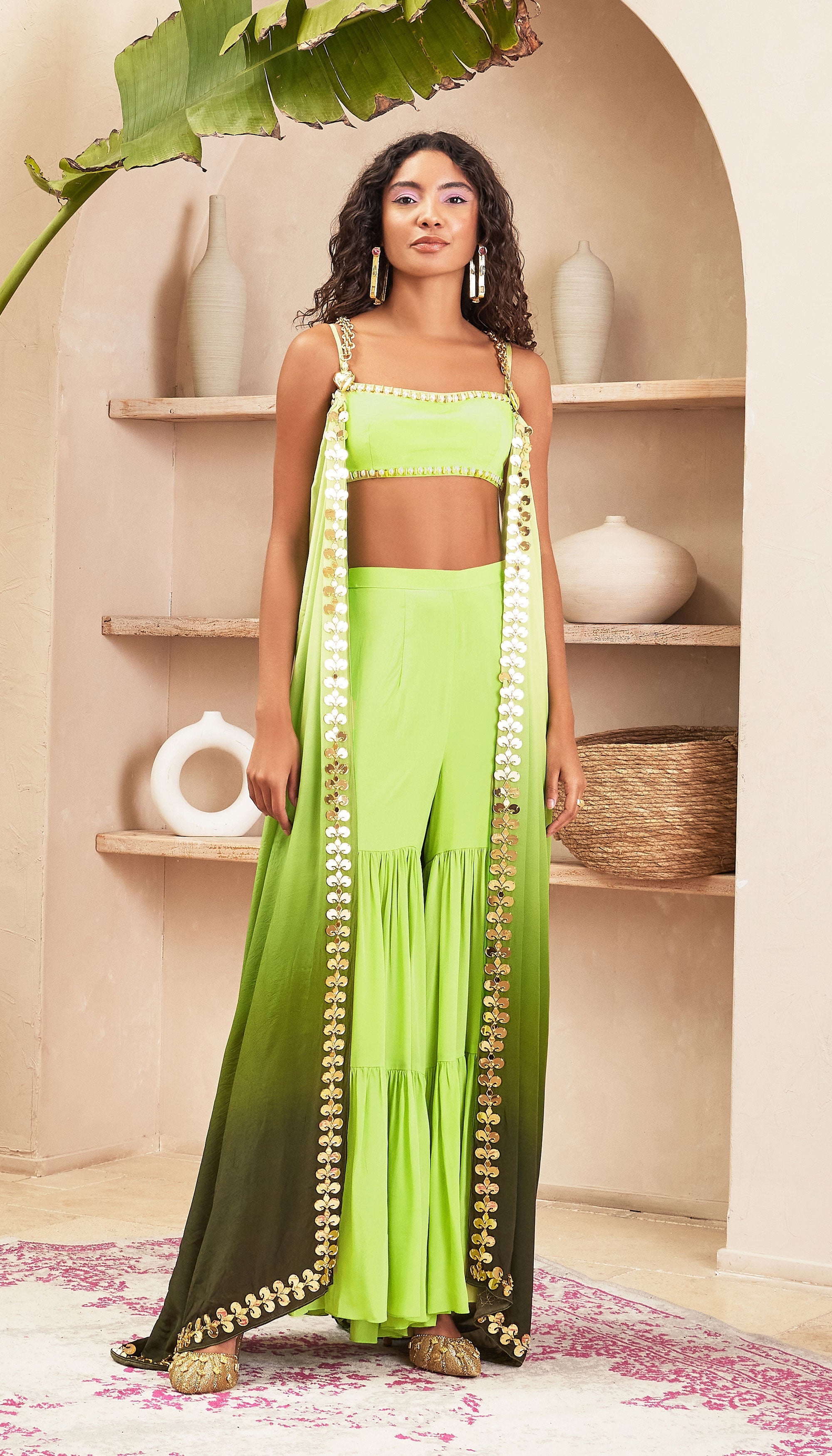 Leyan - Green Ombre Jacket With Bustier And Pants