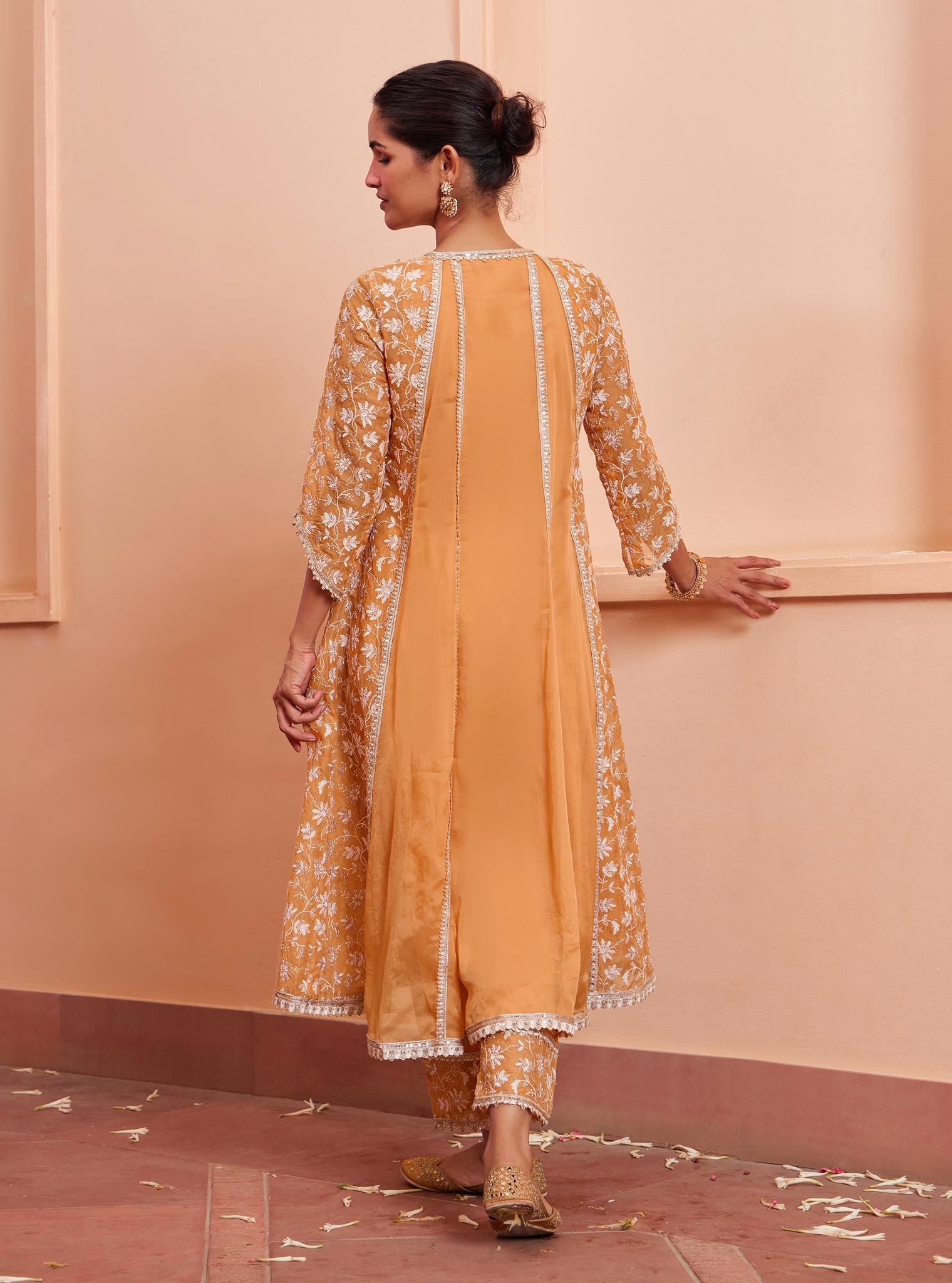 Mulmul Organza Jivya Anarkali Orange Kurta With Mulmul Pima Jivya Orange Pant