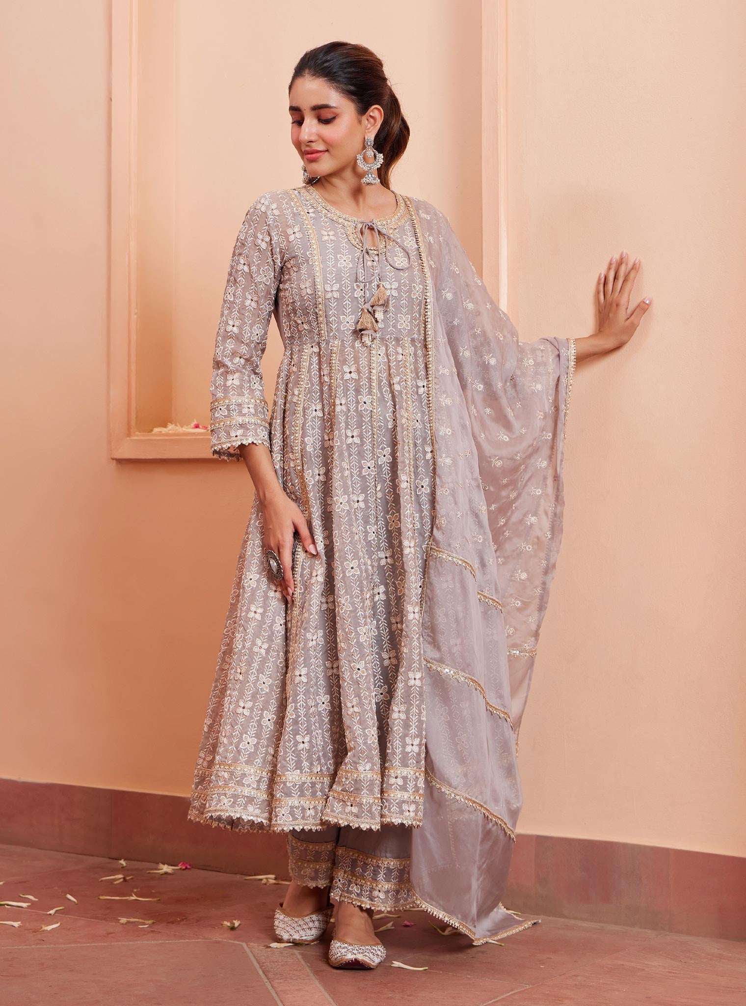 Mulmul Organza Arka Anarkali Grey Kurta With Mulmul Pima Arka Grey Pant