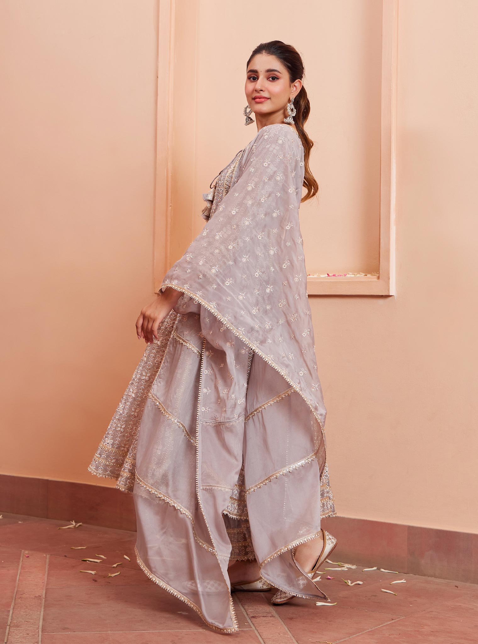 Mulmul Organza Arka Anarkali Grey Kurta With Mulmul Pima Arka Grey Pant