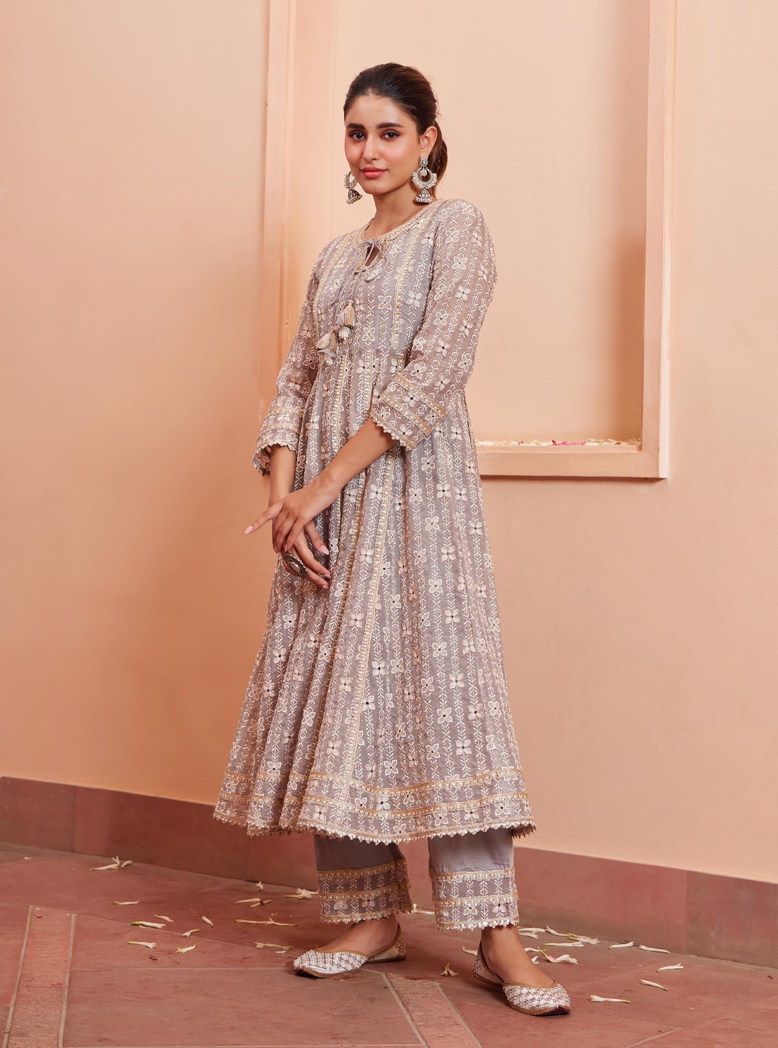 Mulmul Organza Arka Anarkali Grey Kurta With Mulmul Pima Arka Grey Pant