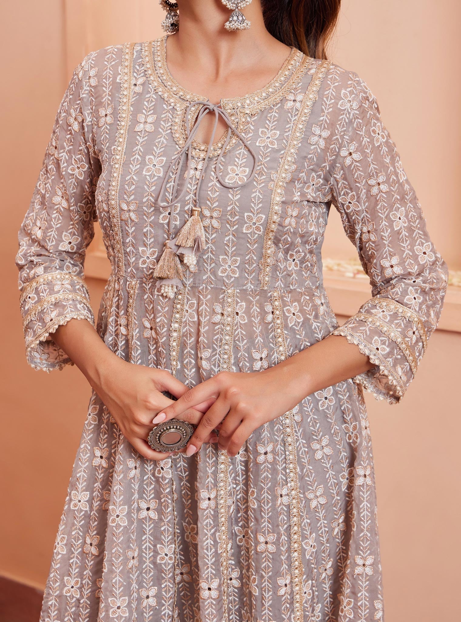 Mulmul Organza Arka Anarkali Grey Kurta With Mulmul Pima Arka Grey Pant
