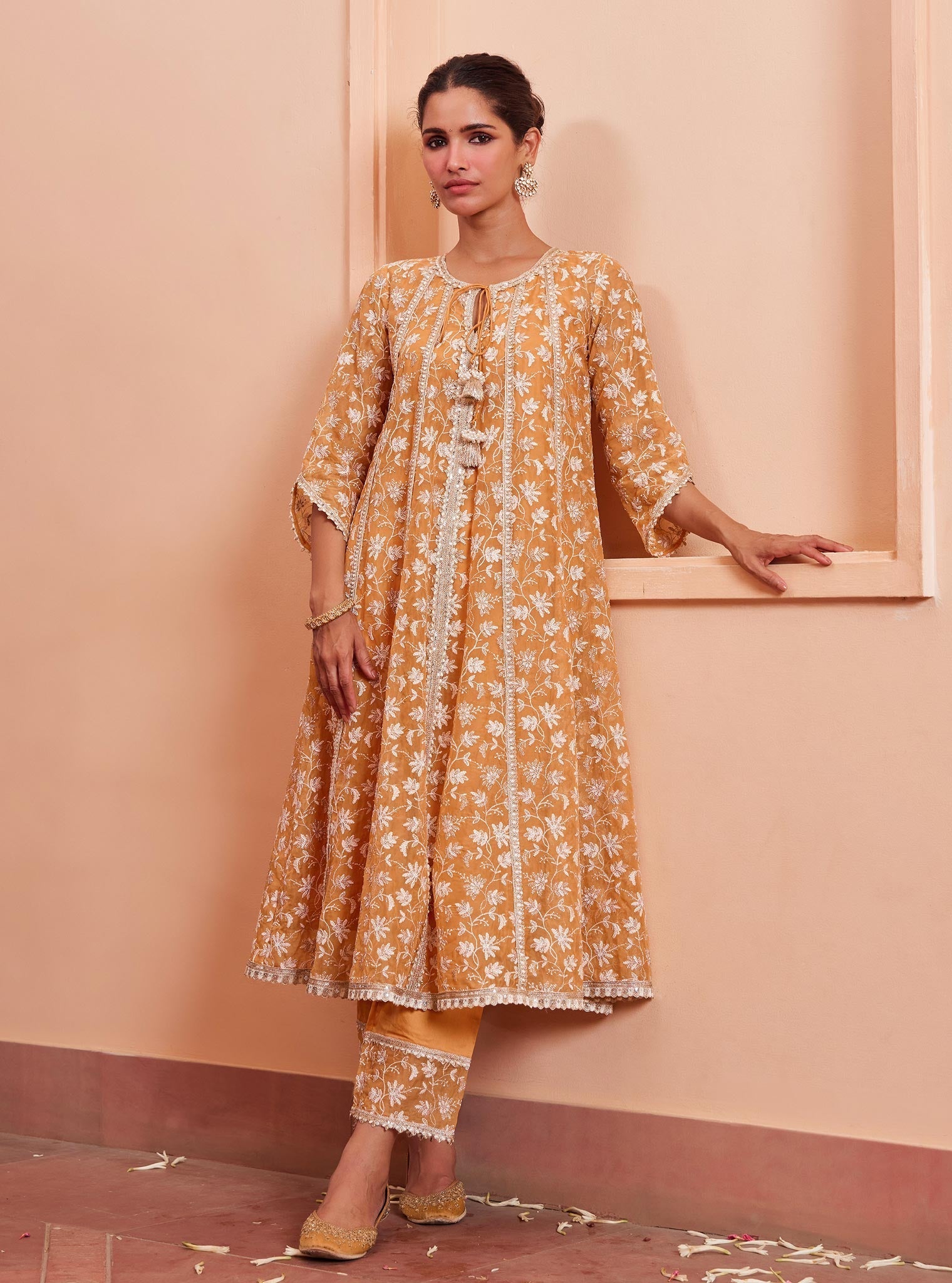 Mulmul Organza Jivya Anarkali Orange Kurta With Mulmul Pima Jivya Orange Pant
