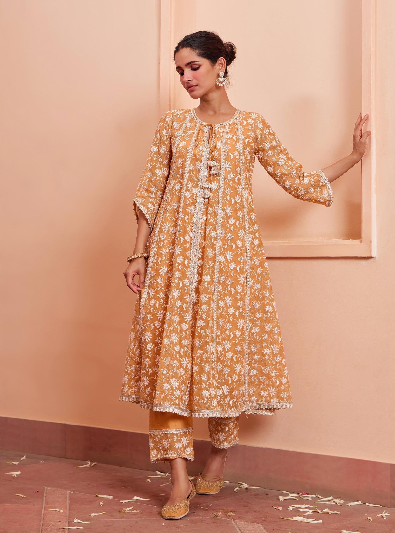 Mulmul Organza Jivya Anarkali Orange Kurta With Mulmul Pima Jivya Orange Pant