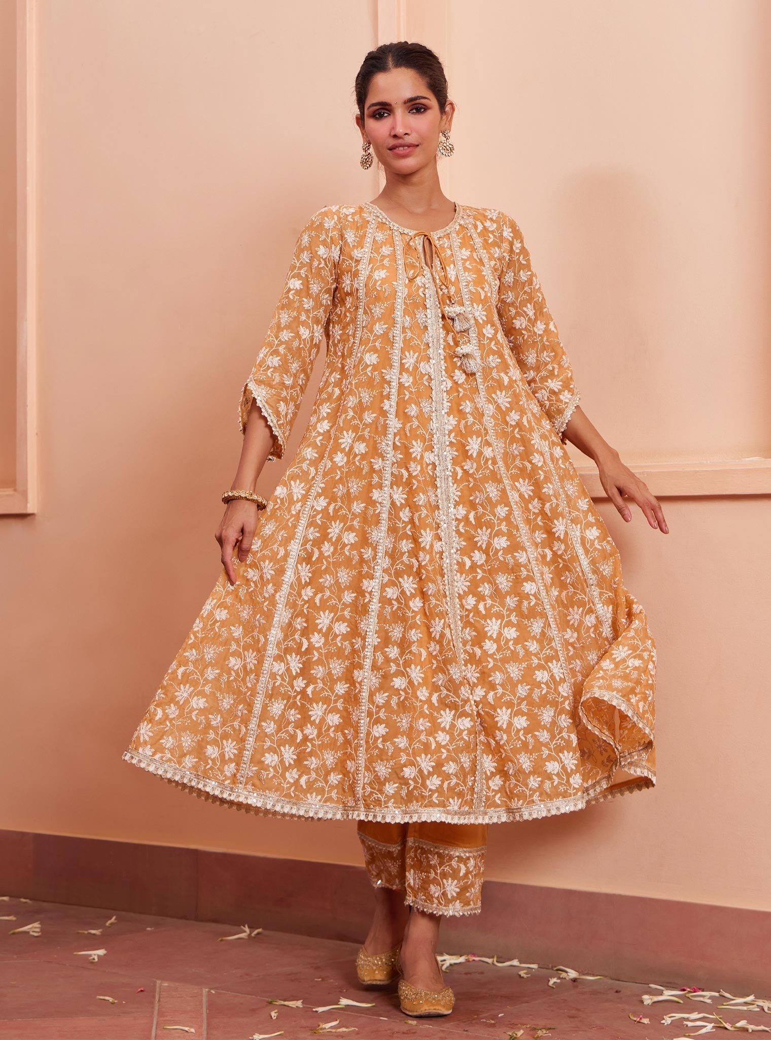 Mulmul Organza Jivya Anarkali Orange Kurta With Mulmul Pima Jivya Orange Pant