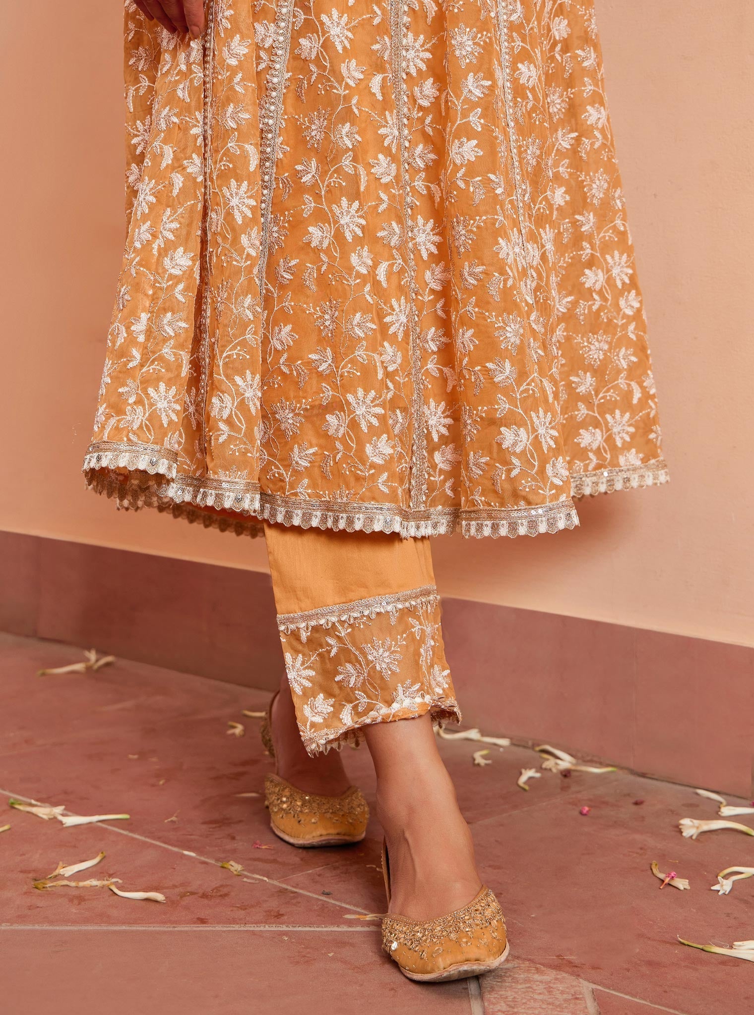 Mulmul Organza Jivya Anarkali Orange Kurta With Mulmul Pima Jivya Orange Pant