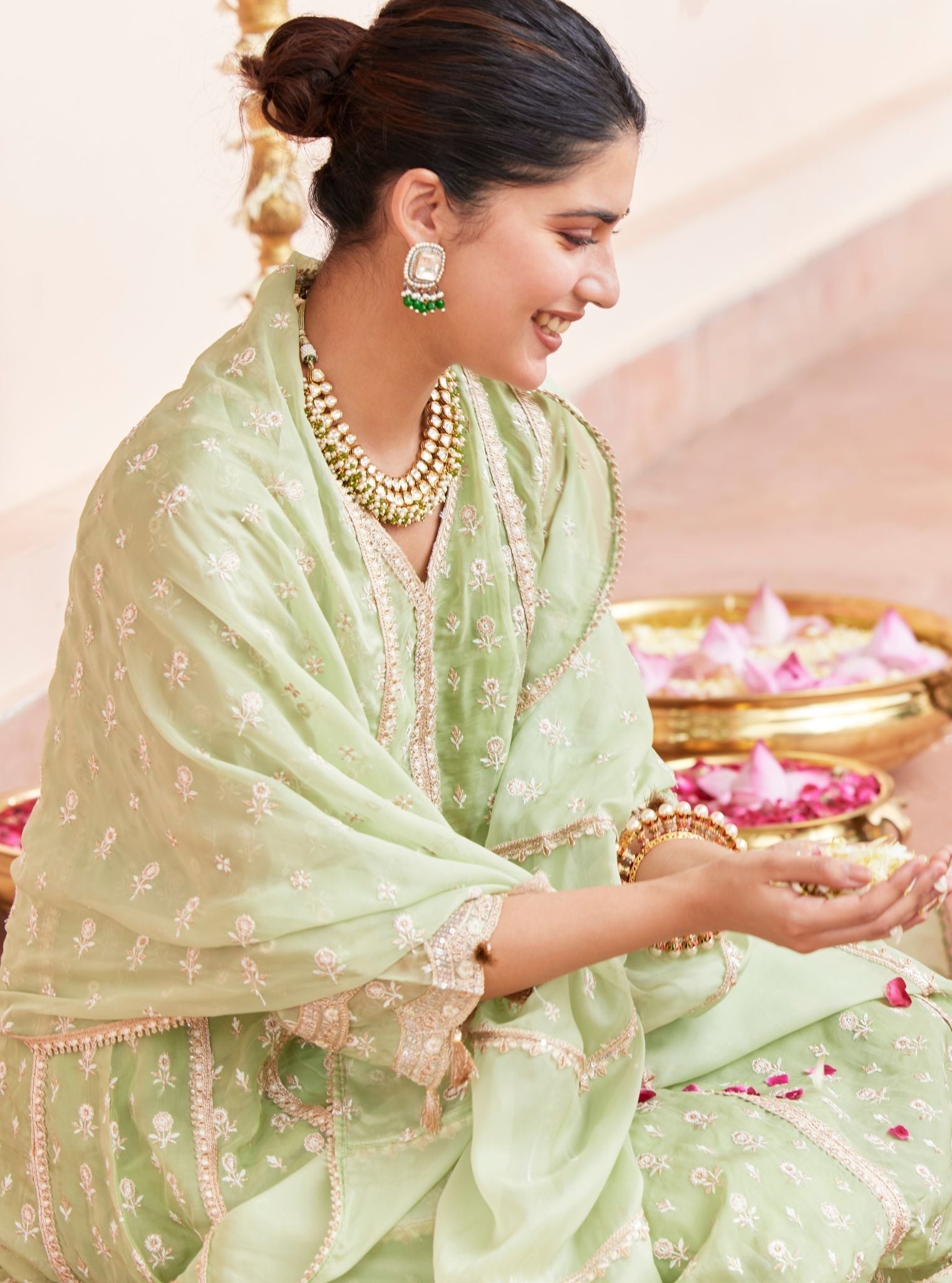 Mulmul Organza Smera Anarkali Green Kurta With Mulmul Pima Smera Green Pant