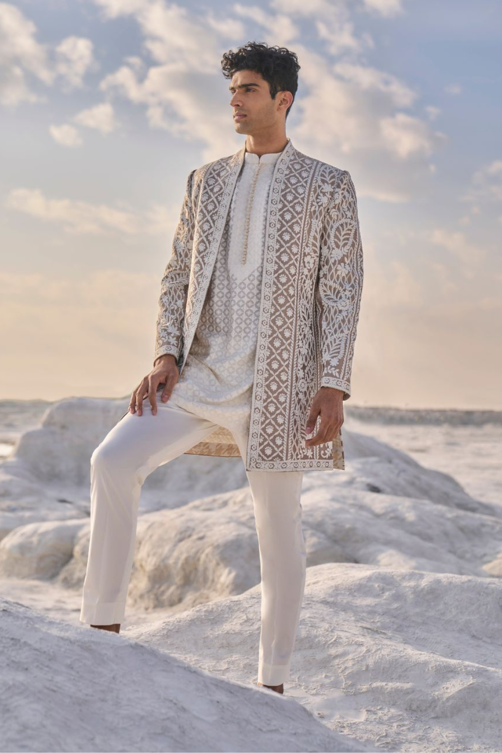 Ishaan Khatter In Nude Cream Open Sherwani Set