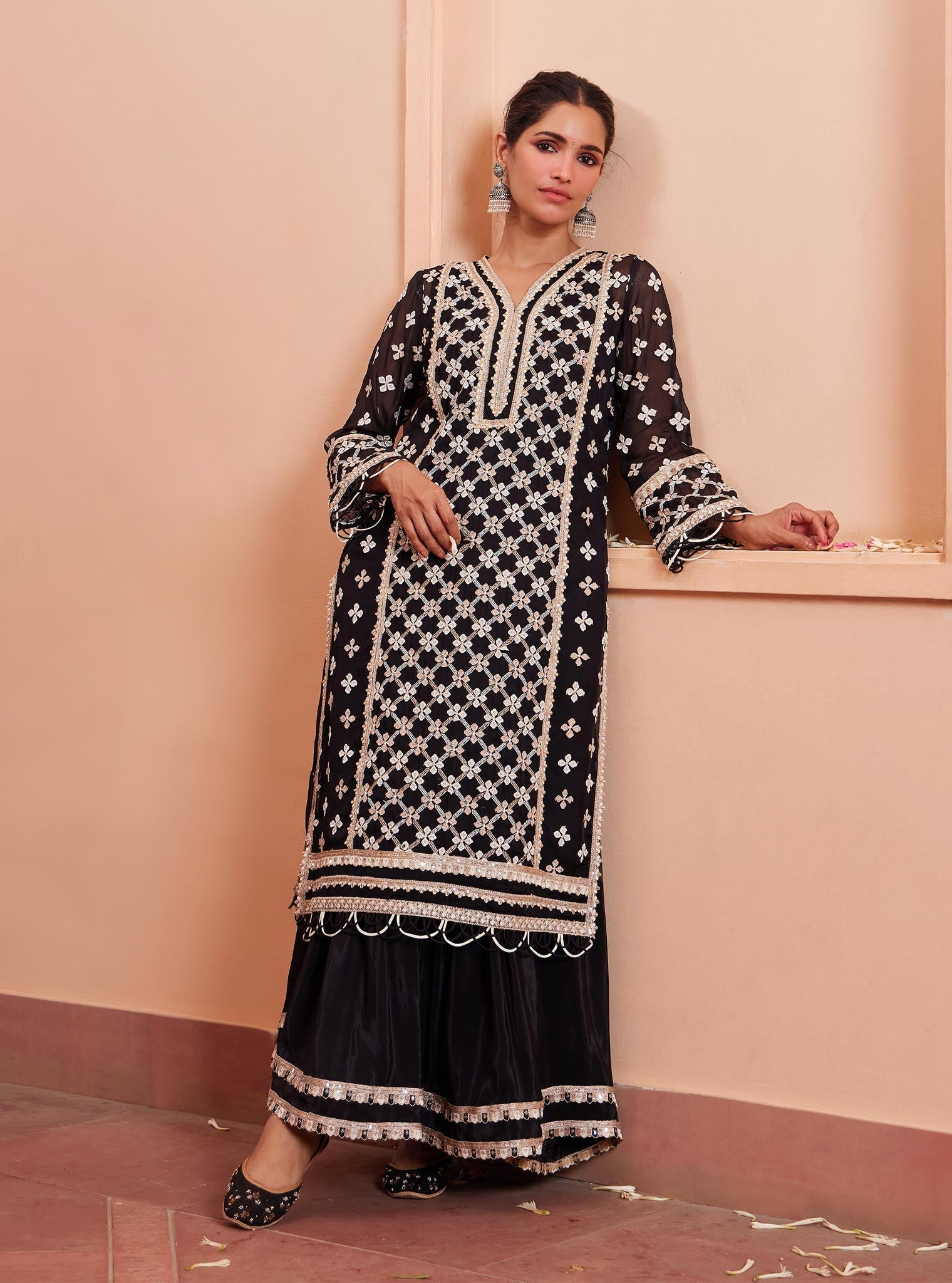 Mulmul Organza Citra Black Kurta With Mulmul Crepe Citra Black Skirt