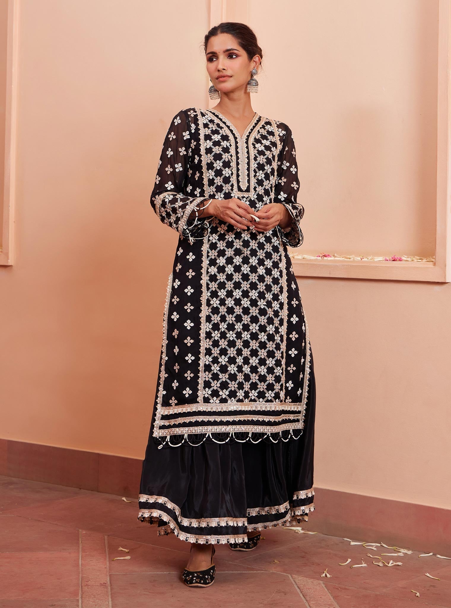 Mulmul Organza Citra Black Kurta With Mulmul Crepe Citra Black Skirt