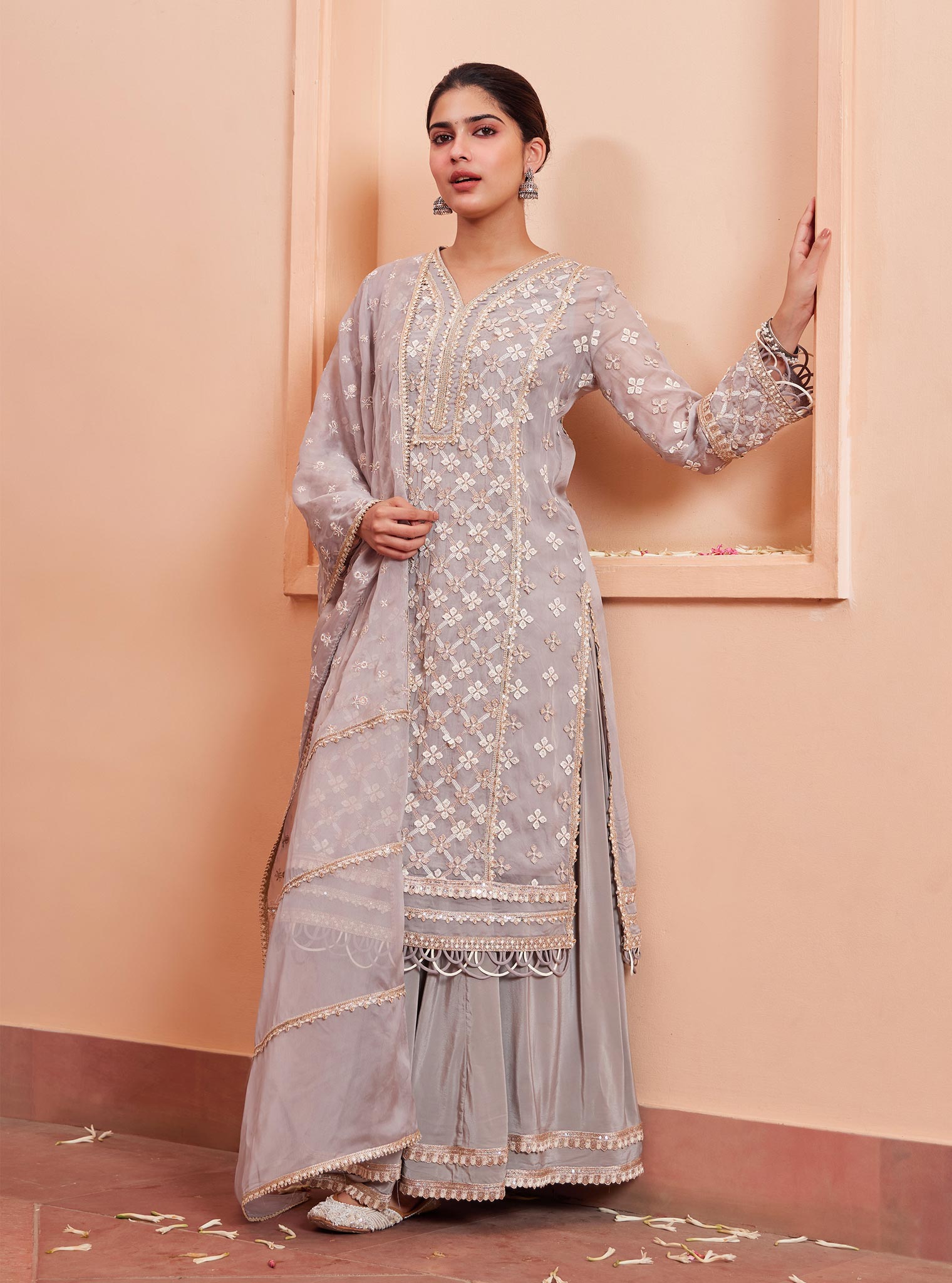 Mulmul Organza Citra Grey Kurta With Mulmul Crepe Citra Grey Skirt