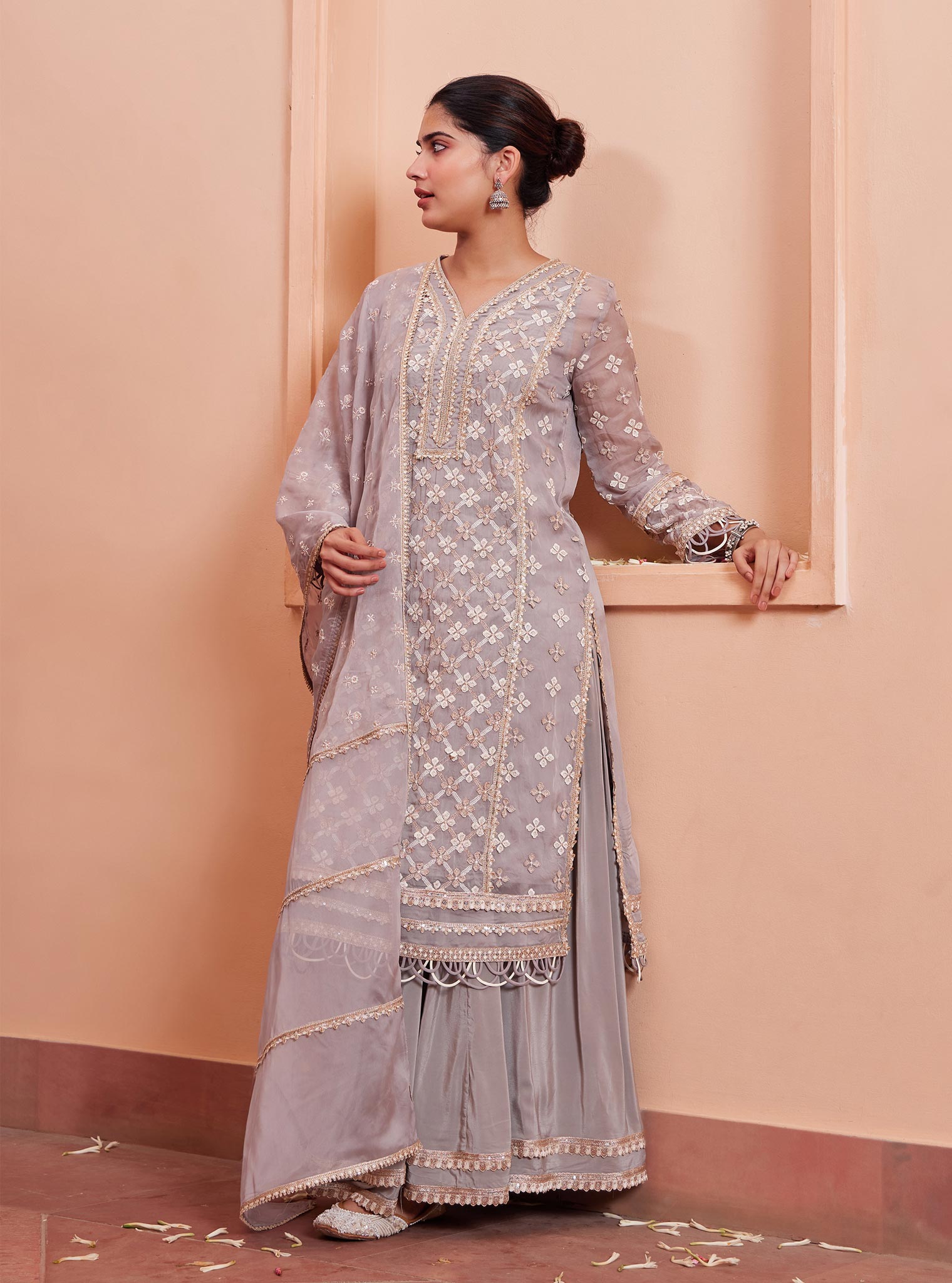 Mulmul Organza Citra Grey Kurta With Mulmul Crepe Citra Grey Skirt