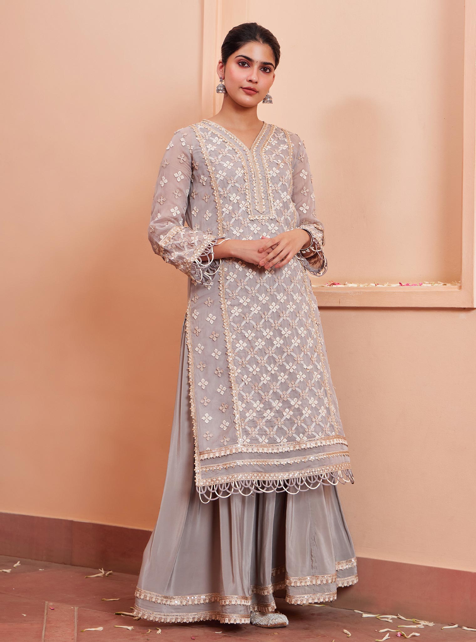 Mulmul Organza Citra Grey Kurta With Mulmul Crepe Citra Grey Skirt