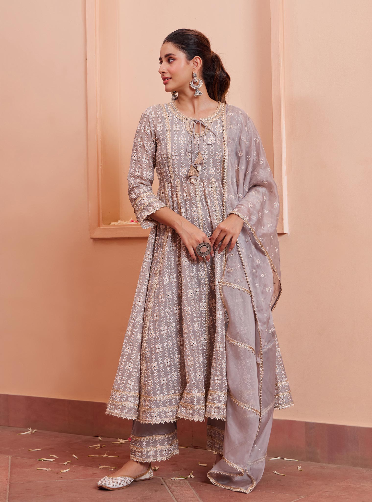 Mulmul Organza Arka Anarkali Grey Kurta With Mulmul Pima Arka Grey Pant