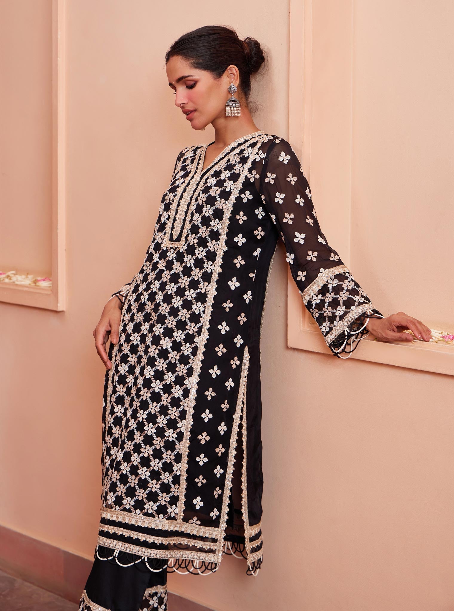 Mulmul Organza Citra Black Kurta With Mulmul Pima Citra Black Pant