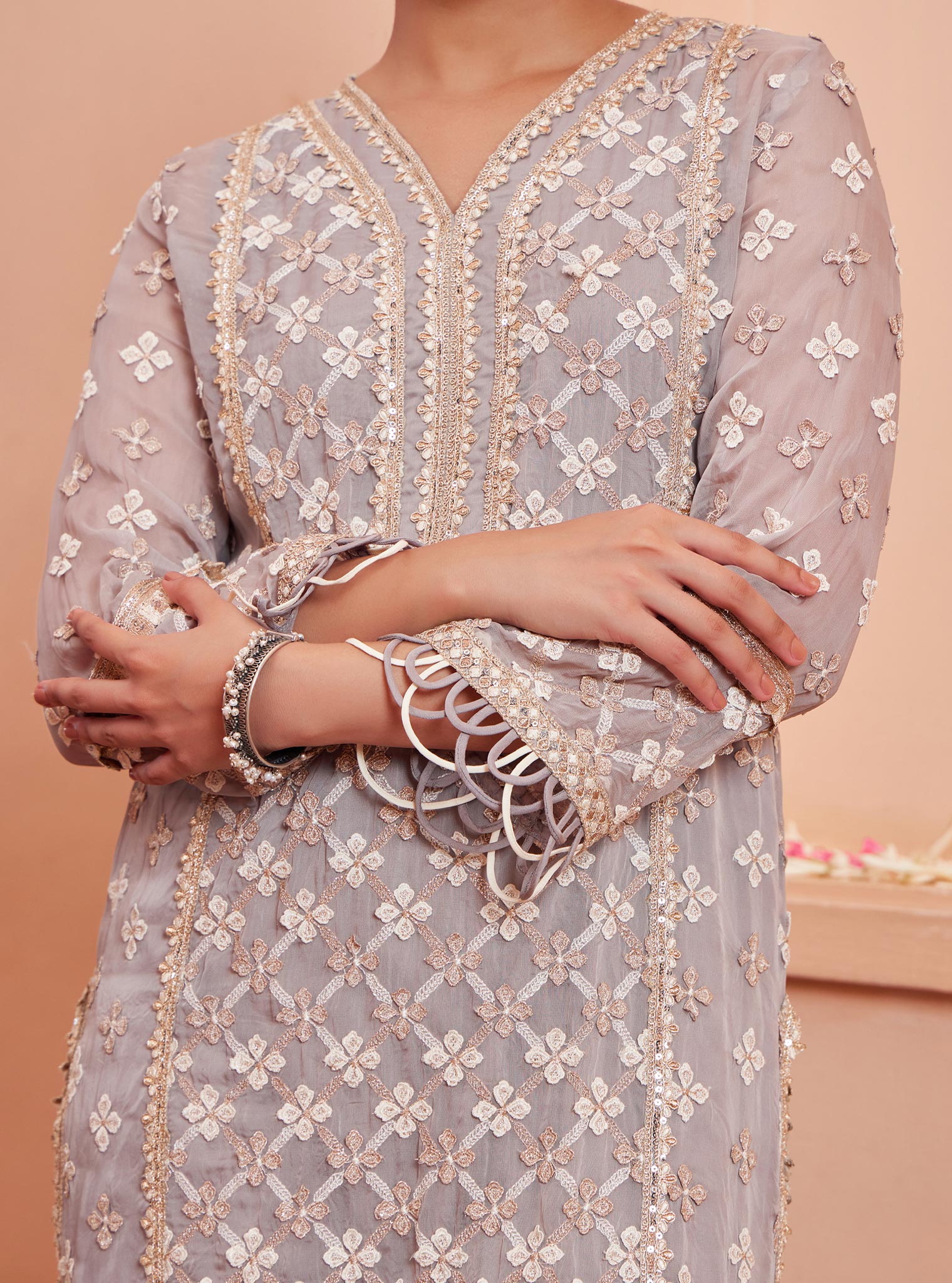 Mulmul Organza Citra Grey Kurta With Mulmul Pima Citra Grey Pant