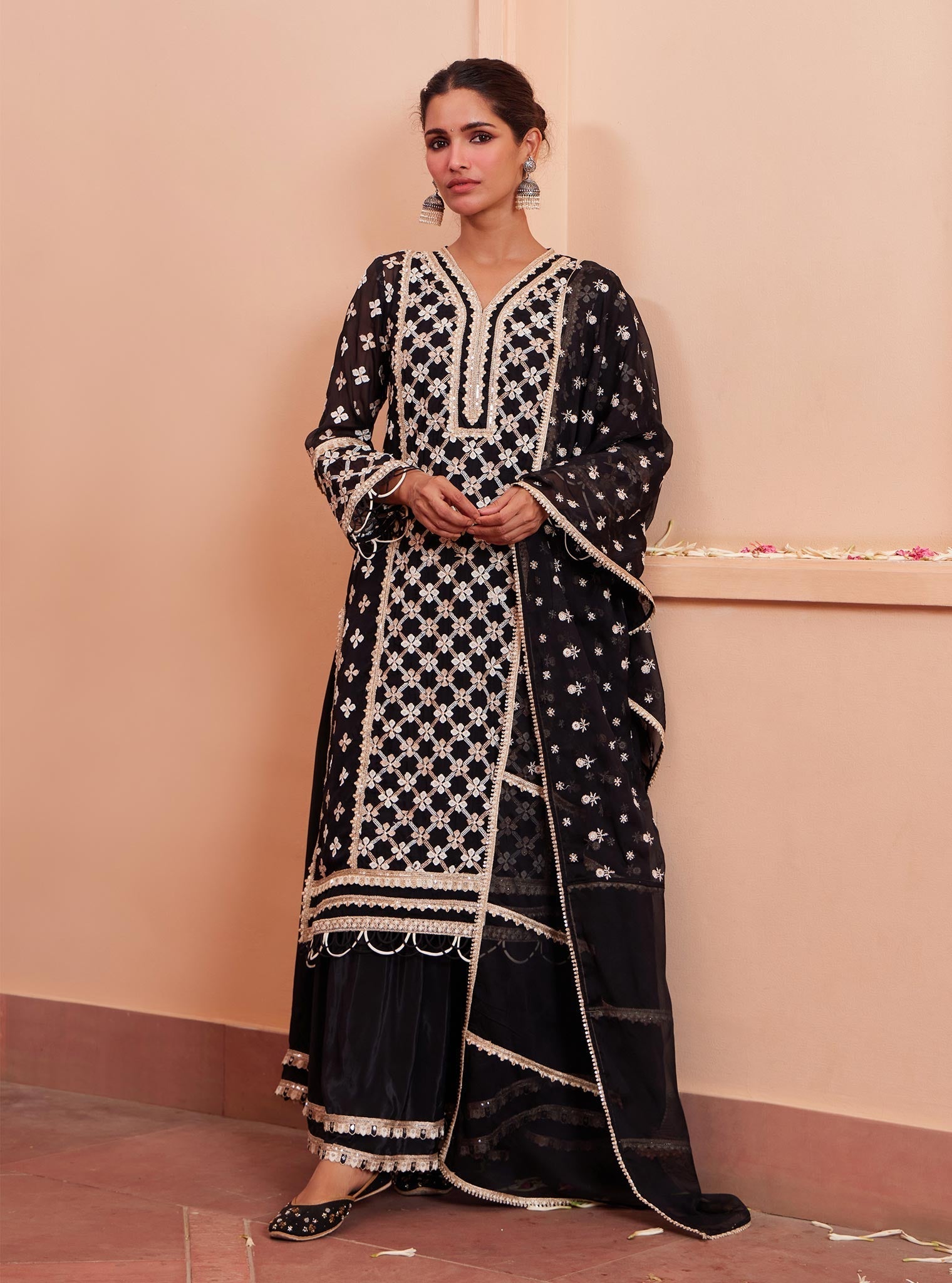 Mulmul Organza Citra Black Kurta With Mulmul Crepe Citra Black Skirt