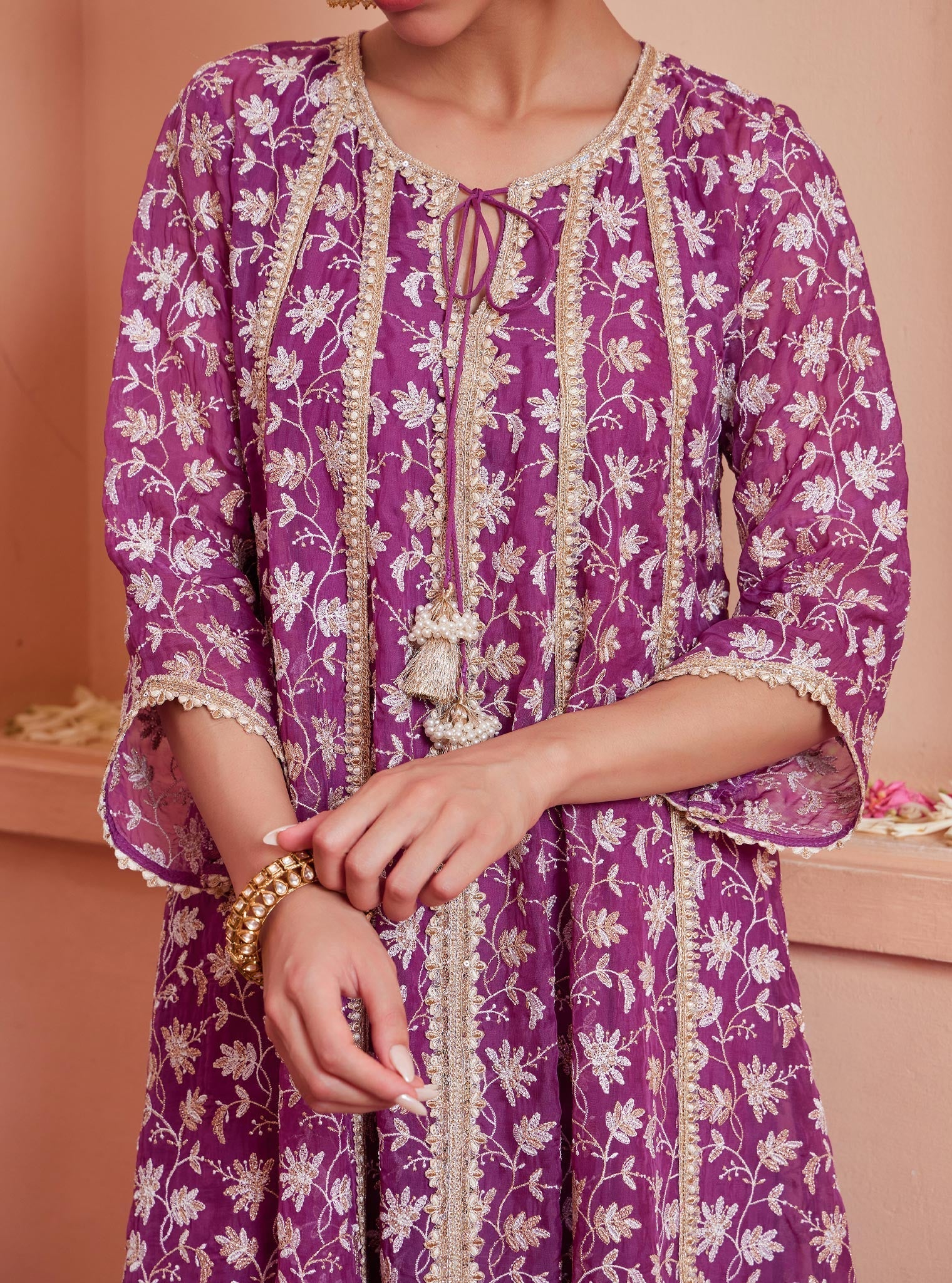 Mulmul Organza Jivya Anarkali Lilac Kurta With Mulmul Pima Jivya Lilac Pant