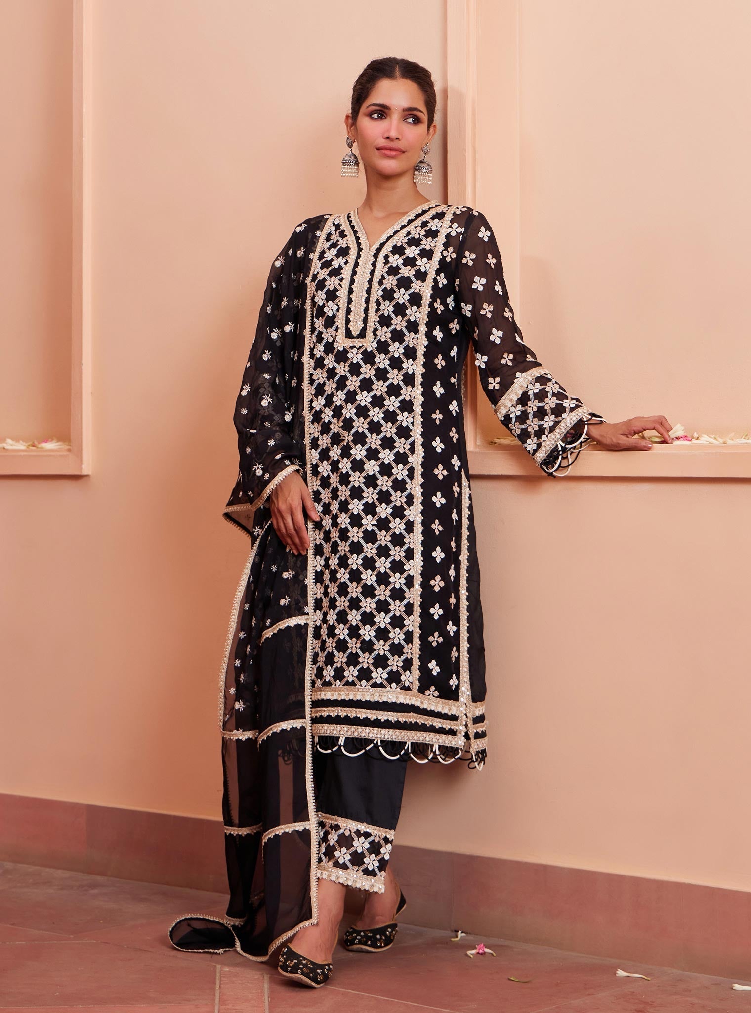 Mulmul Organza Citra Black Kurta With Mulmul Pima Citra Black Pant