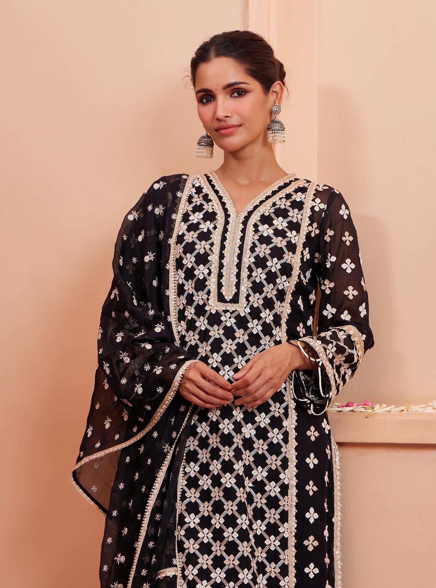 Mulmul Organza Citra Black Kurta With Mulmul Crepe Citra Black Skirt