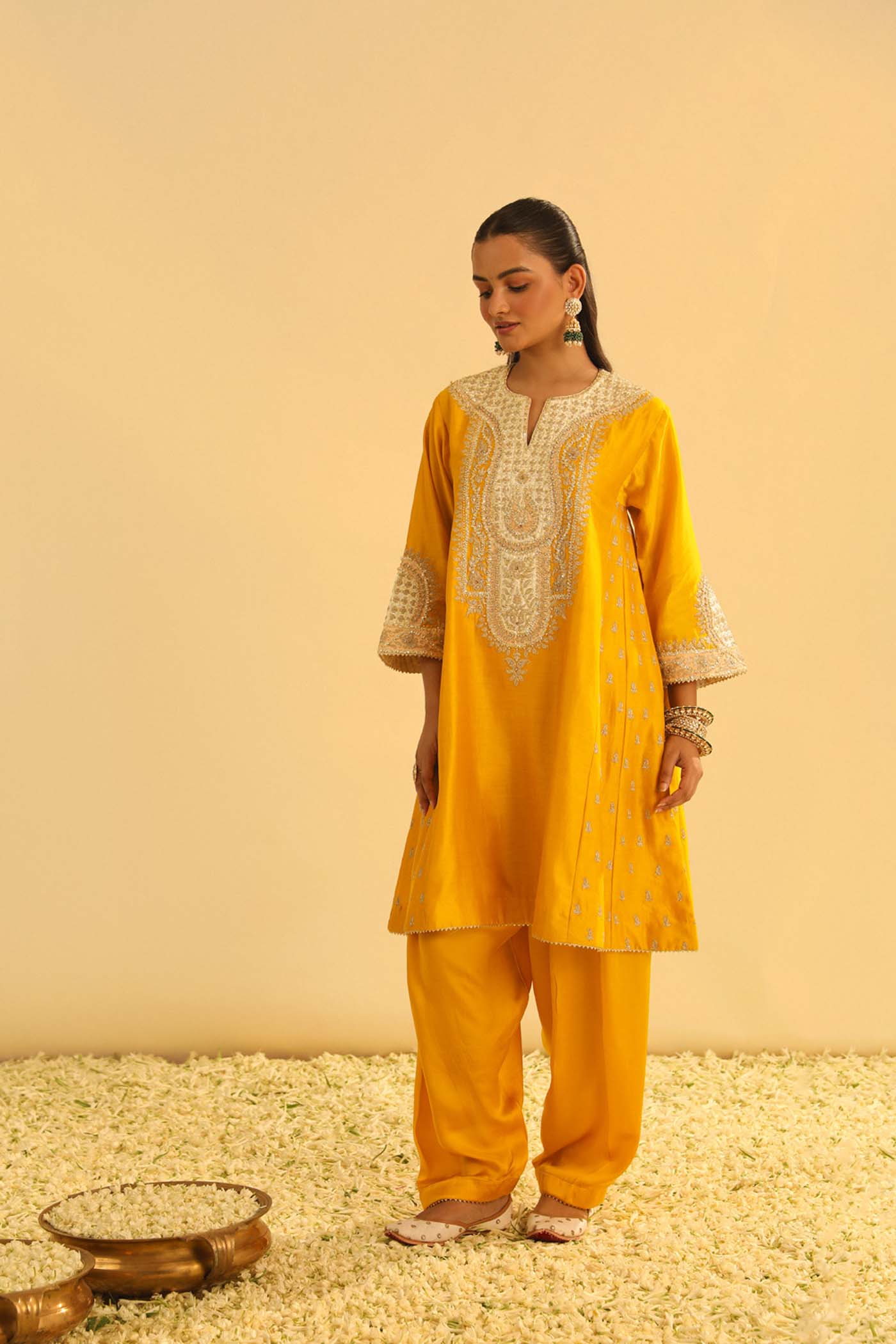 Arisana - Mustard Short Kalidaar Choga With Salwar