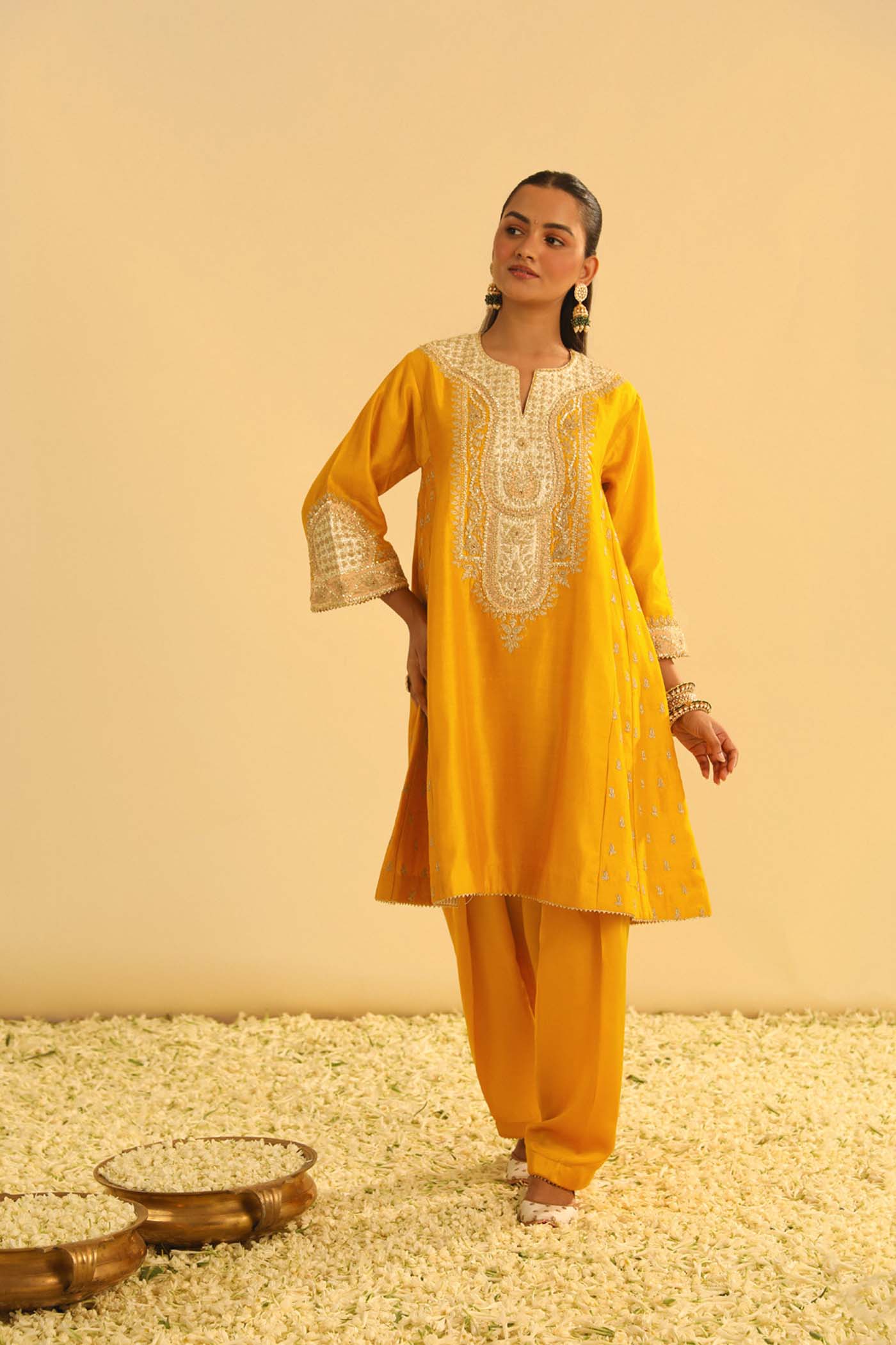 Arisana - Mustard Short Kalidaar Choga With Salwar