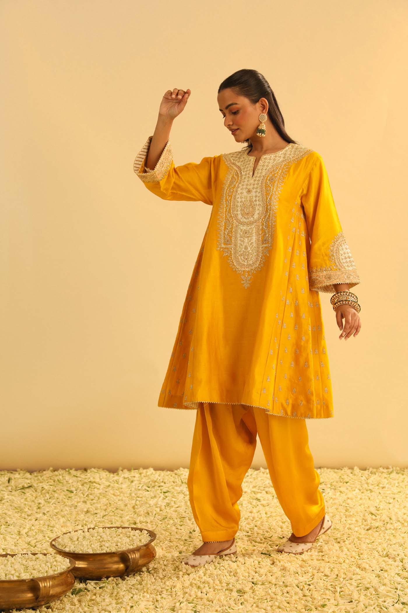 Arisana - Mustard Short Kalidaar Choga With Salwar
