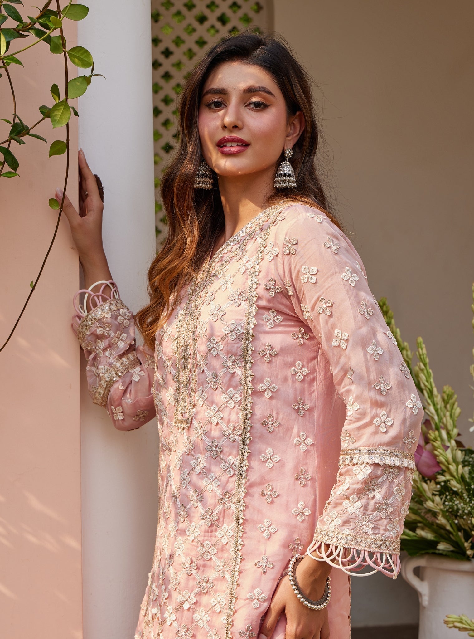 Mulmul Organza Citra Pink Kurta With Mulmul Crepe Citra Pink Skirt