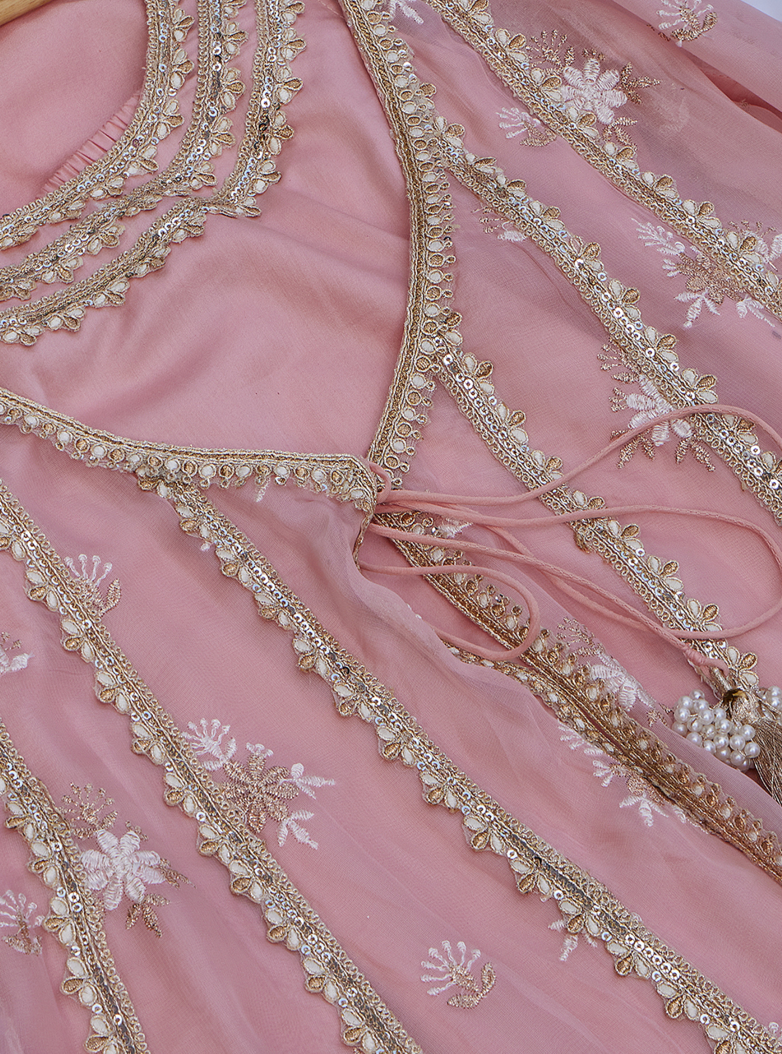 Mulmul Organza Agira Anarkali Pink Kurta With Mulmul Pima Agira Pink Pant