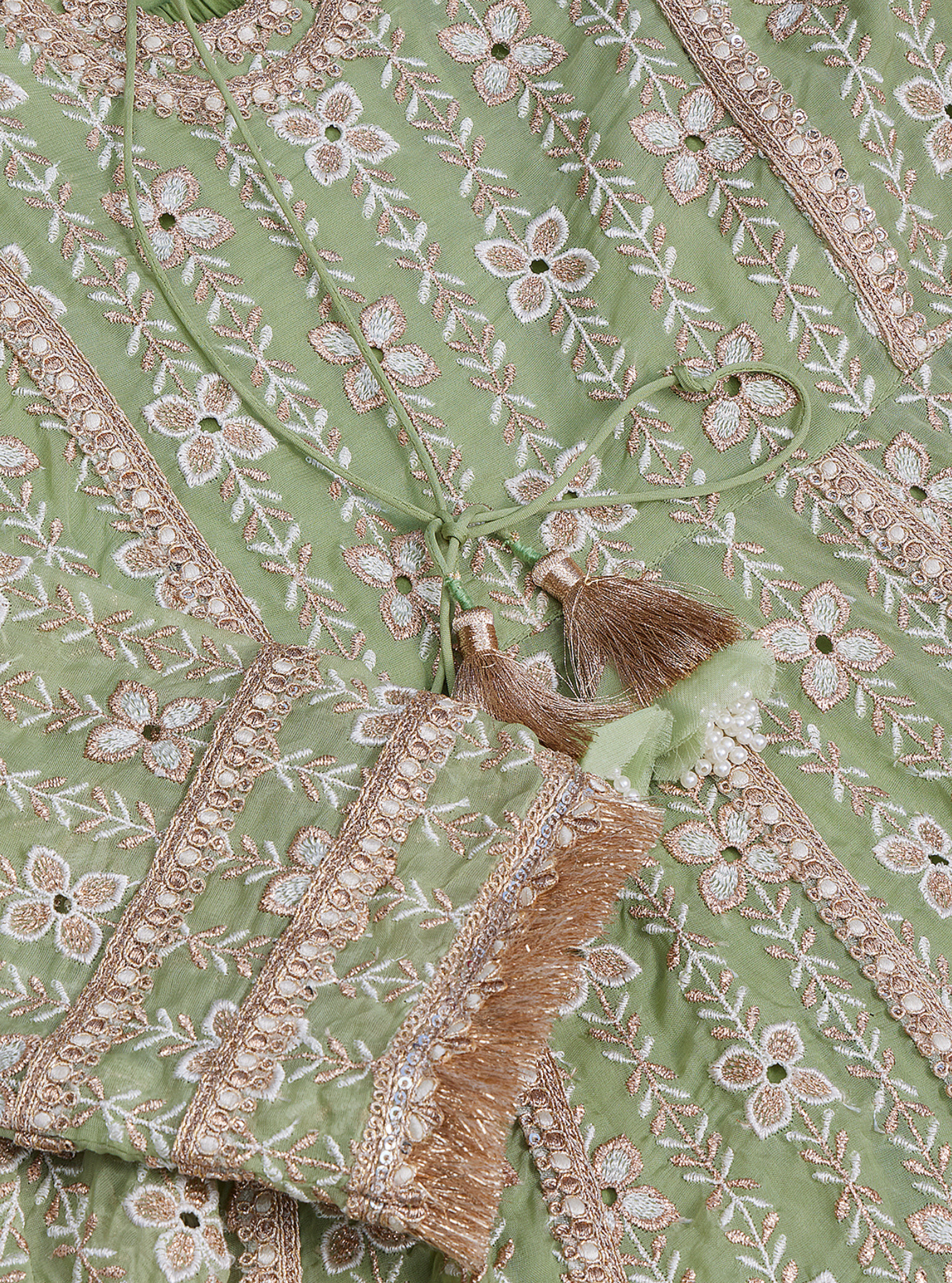 Mulmul Organza Arka Anarkali Green Kurta With Mulmul Pima Arka Green Pant