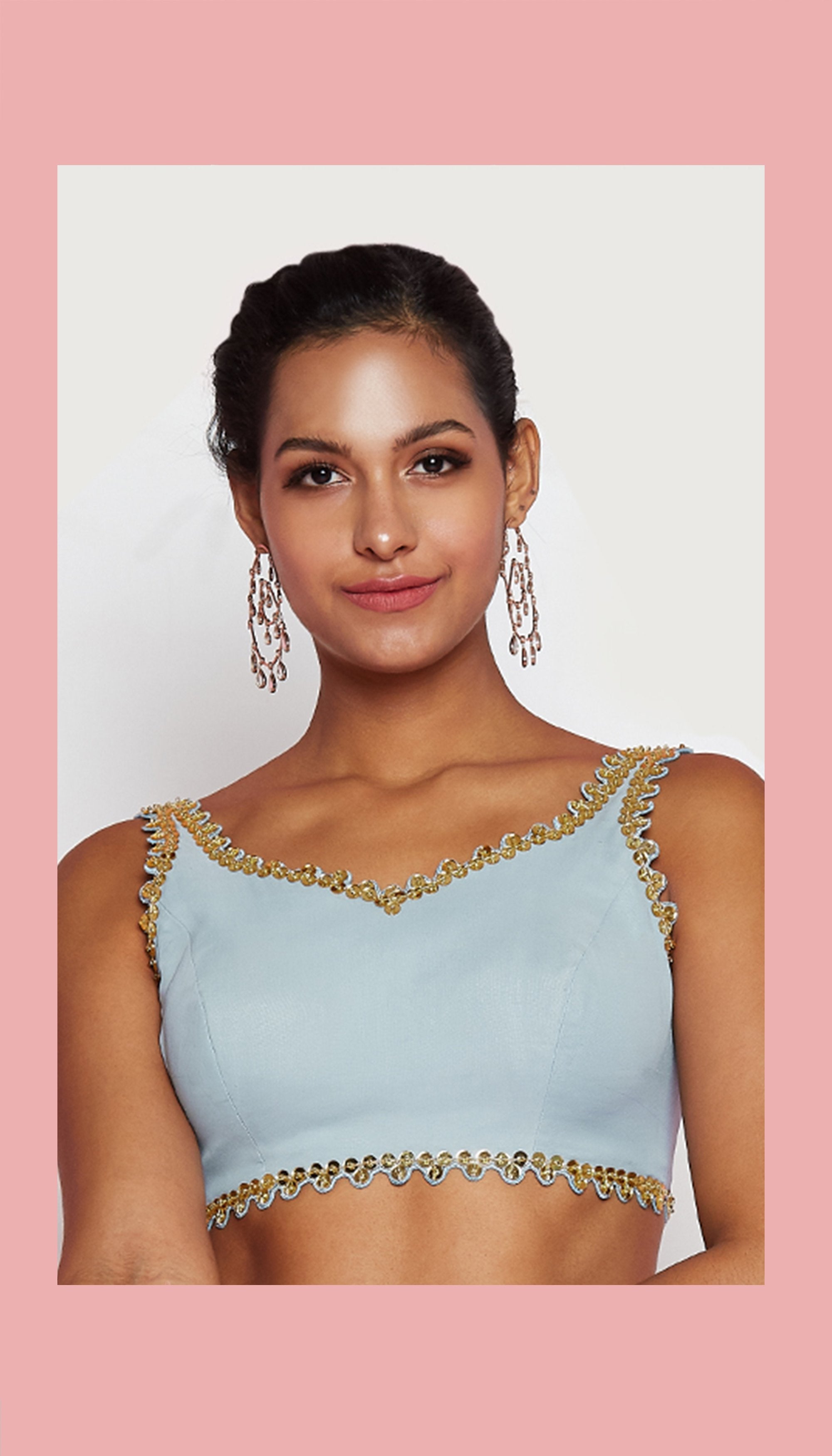 Richa Moorjani - Powder Blue Embroidered Pre-Stitched Saree Set