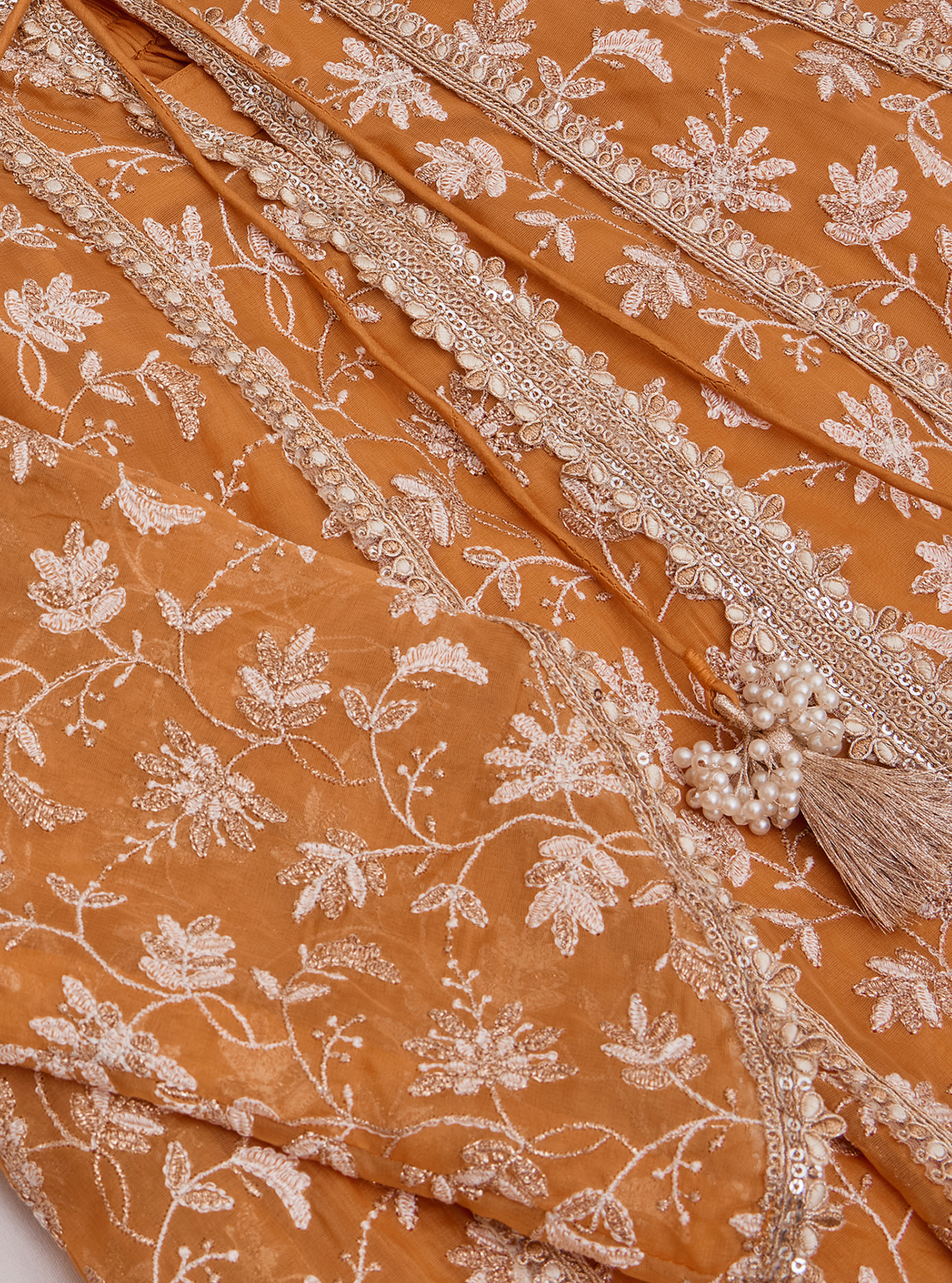 Mulmul Organza Jivya Anarkali Orange Kurta With Mulmul Pima Jivya Orange Pant