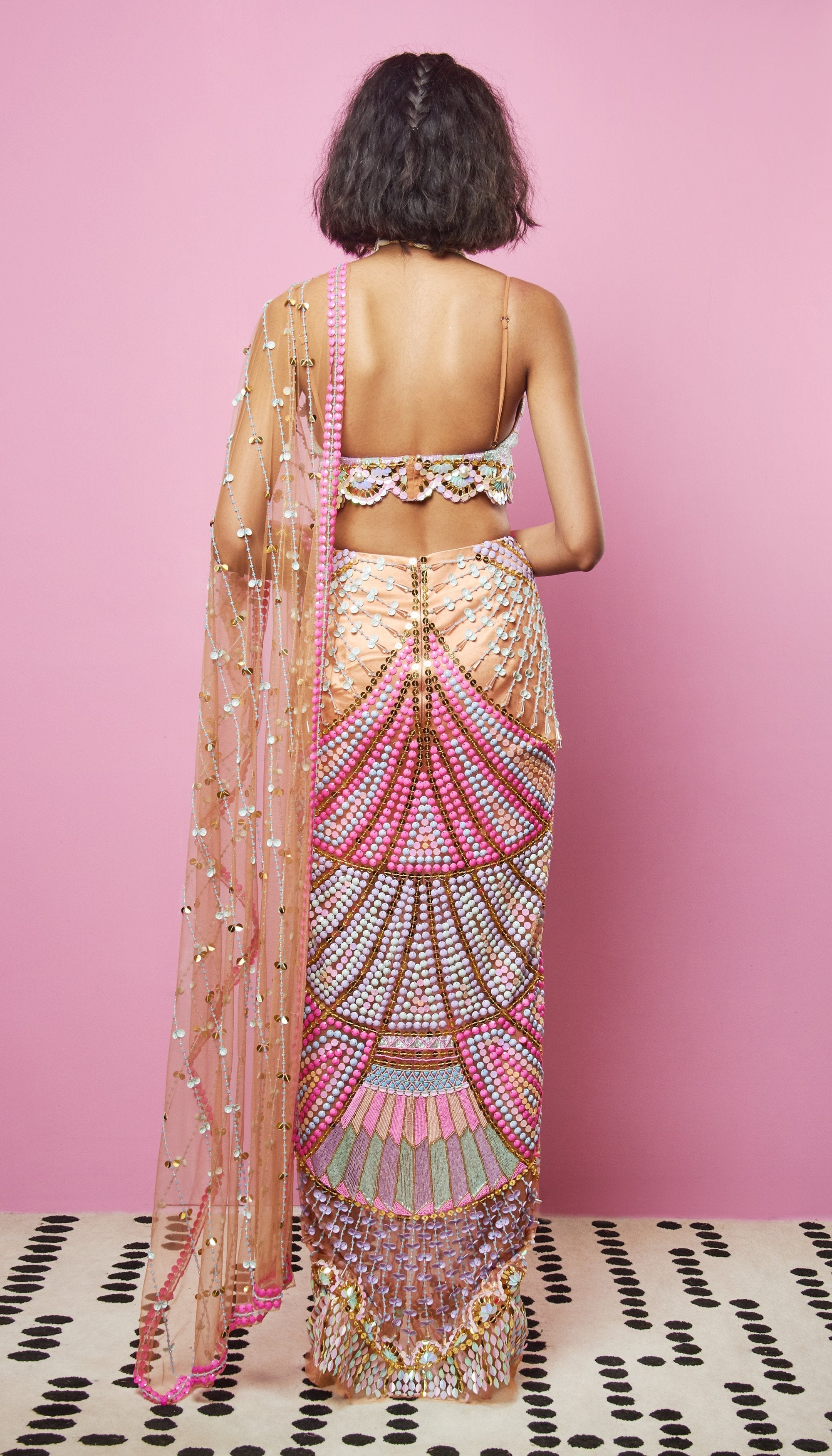 Chrissy Teigen - Biscuit Nude Embellished Saree Set