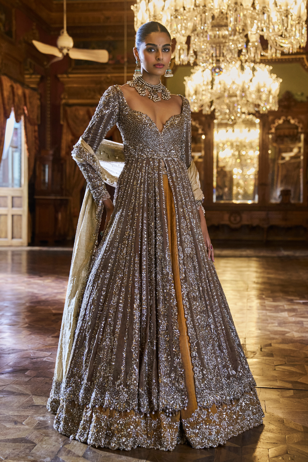 Gold Silver Tissue Jacket Lehenga Set