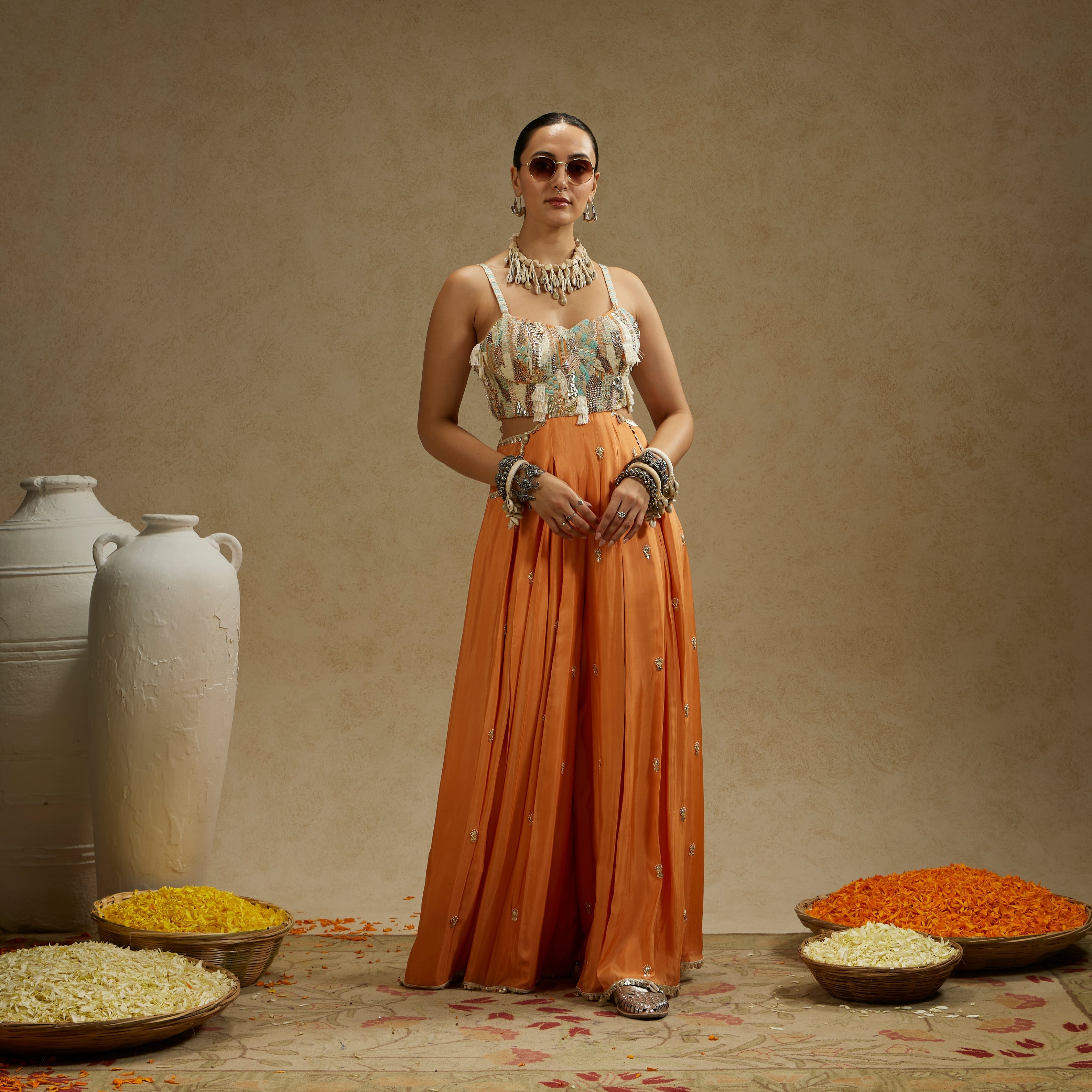 Orange Embellished Jumpsuit With Pockets