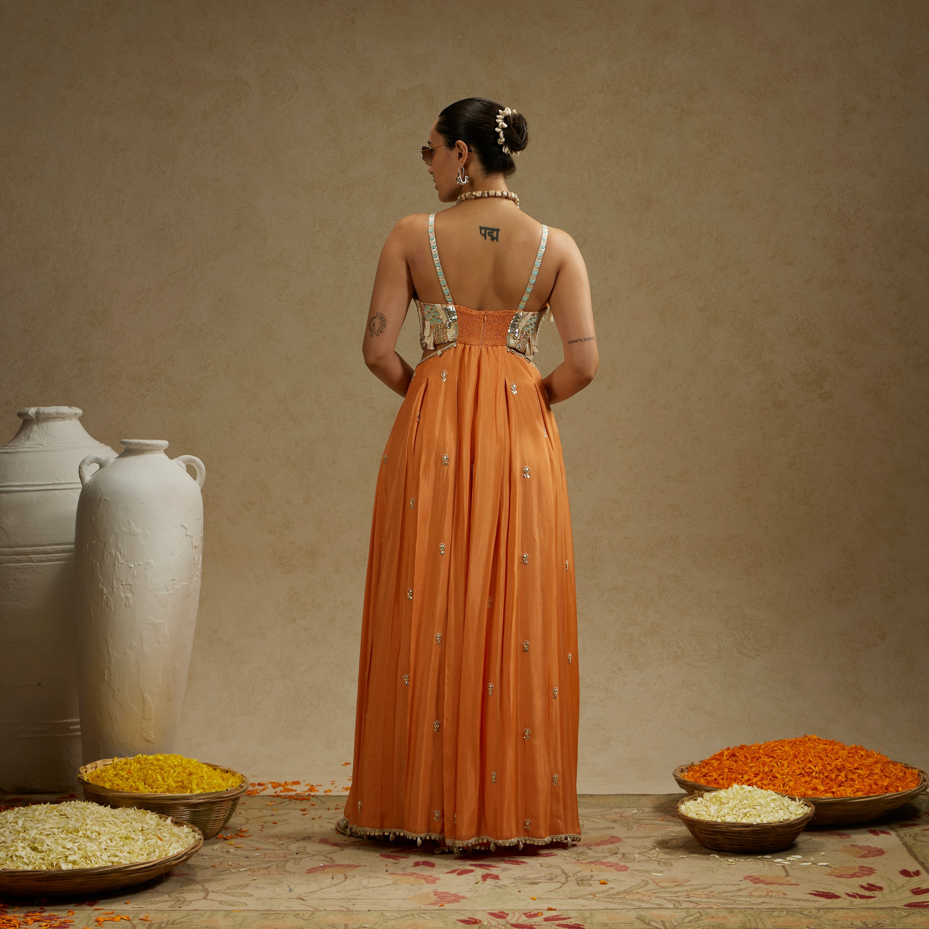Orange Embellished Jumpsuit With Pockets